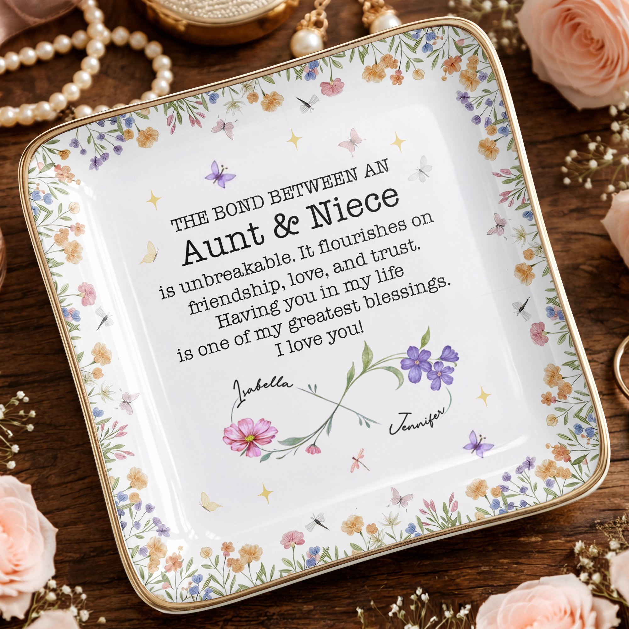 The Bond Between An Aunt & Niece, Flowers And Butterflies - Personalized Custom Jewelry Dish, Ceramic Dish, Square Shape - NCE022_SCRF