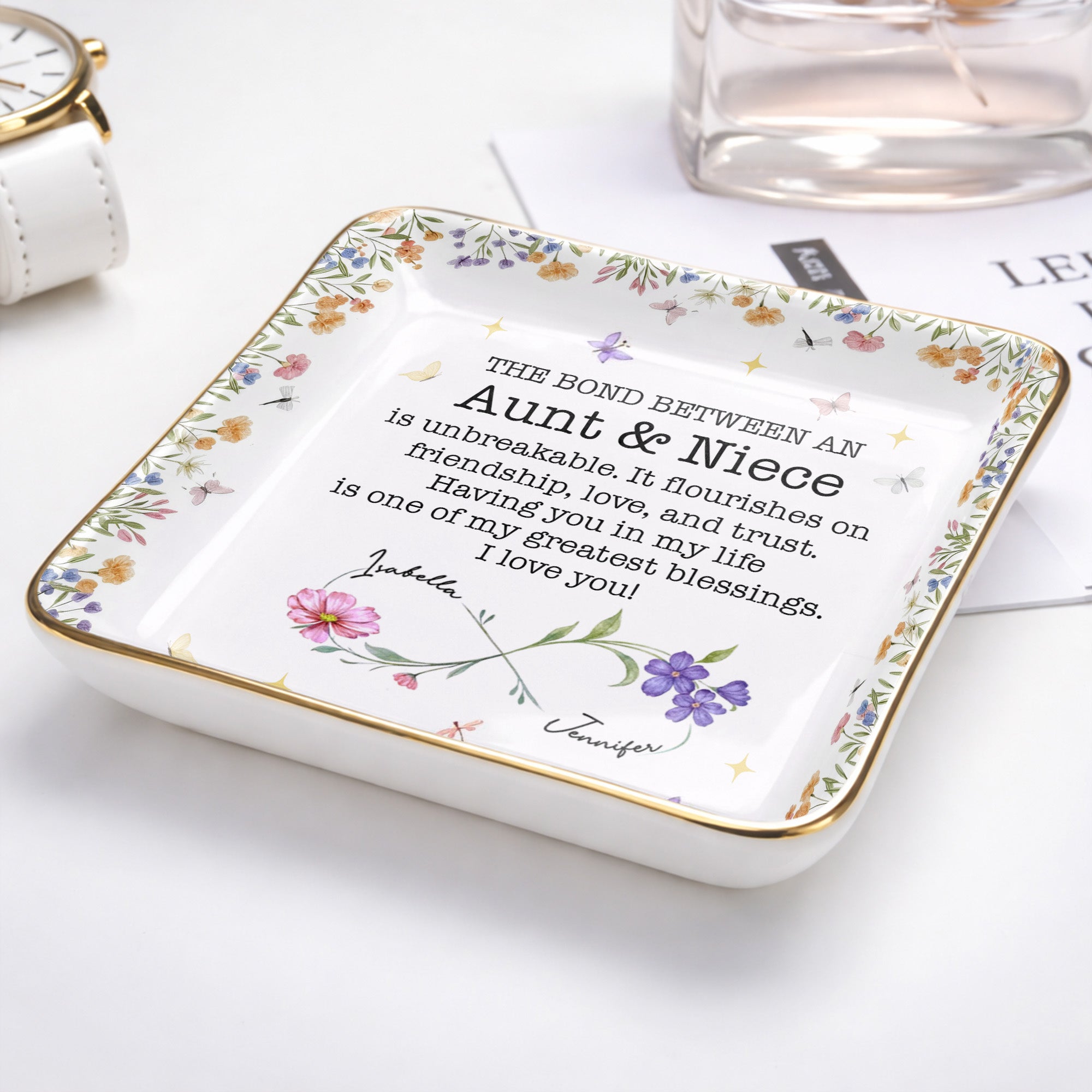 The Bond Between An Aunt & Niece, Flowers And Butterflies - Personalized Custom Jewelry Dish, Ceramic Dish, Square Shape - NCE022_SCRF