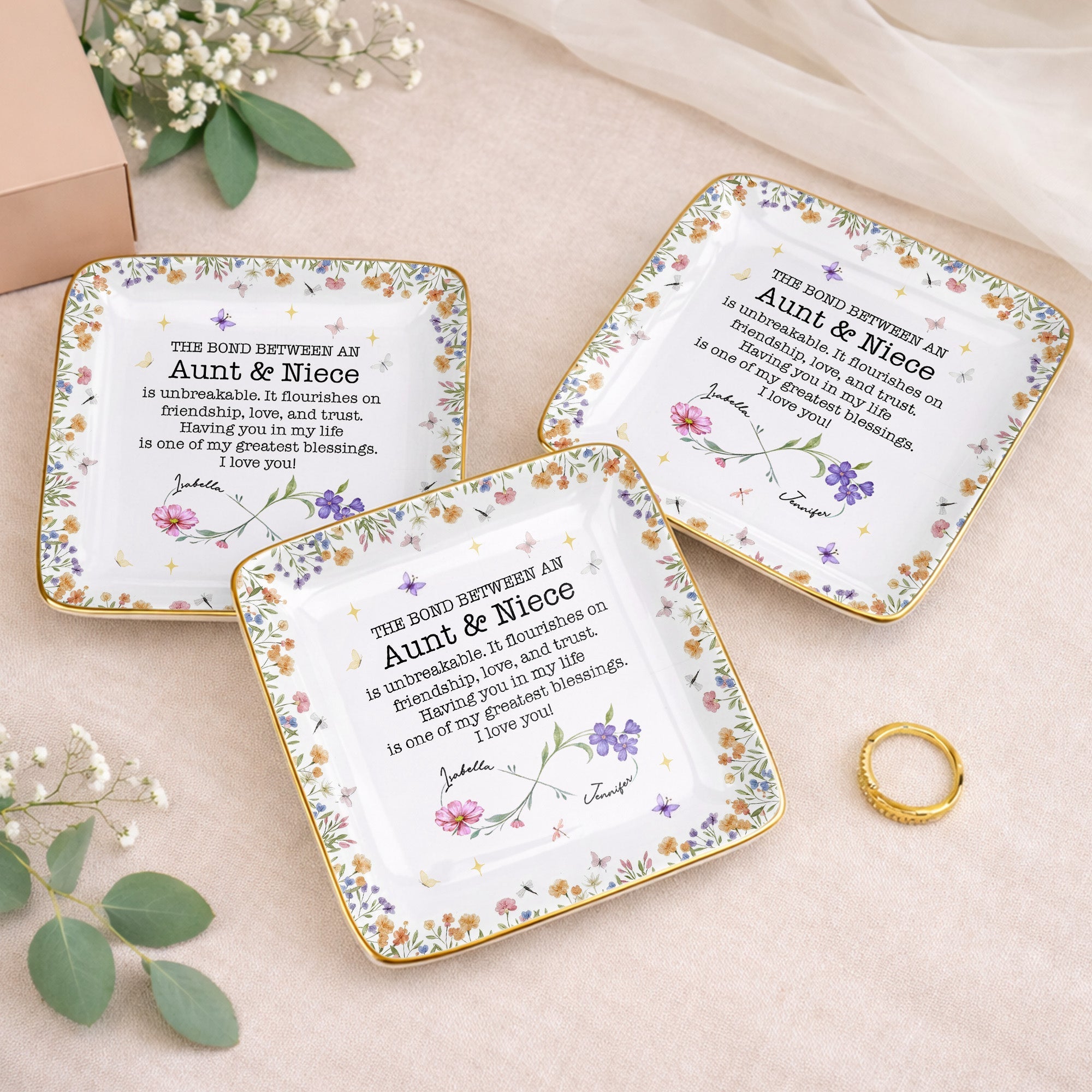 The Bond Between An Aunt & Niece, Flowers And Butterflies - Personalized Custom Jewelry Dish, Ceramic Dish, Square Shape - NCE022_SCRF
