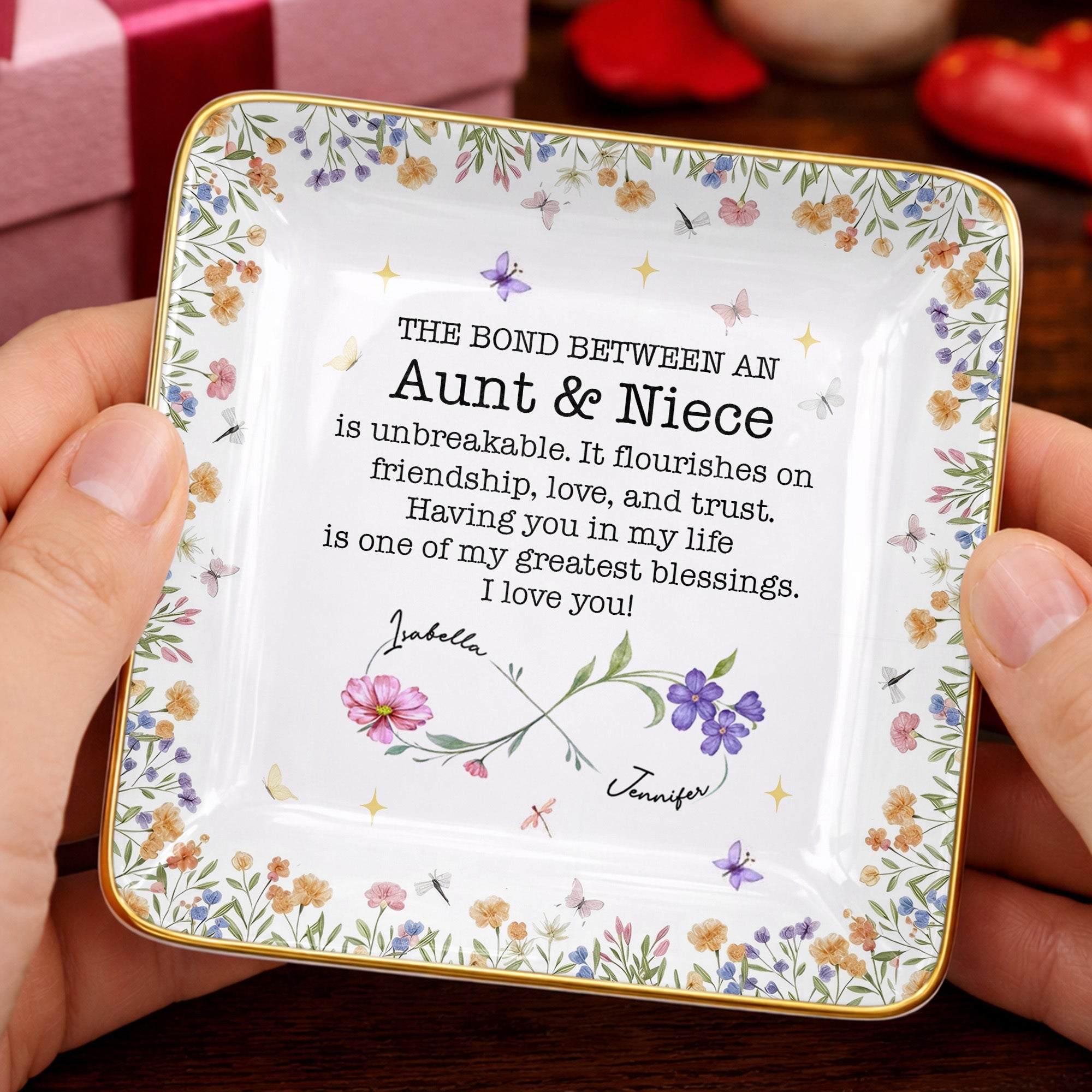 The Bond Between An Aunt & Niece, Flowers And Butterflies - Personalized Custom Jewelry Dish, Ceramic Dish, Square Shape - NCE022_SCRF
