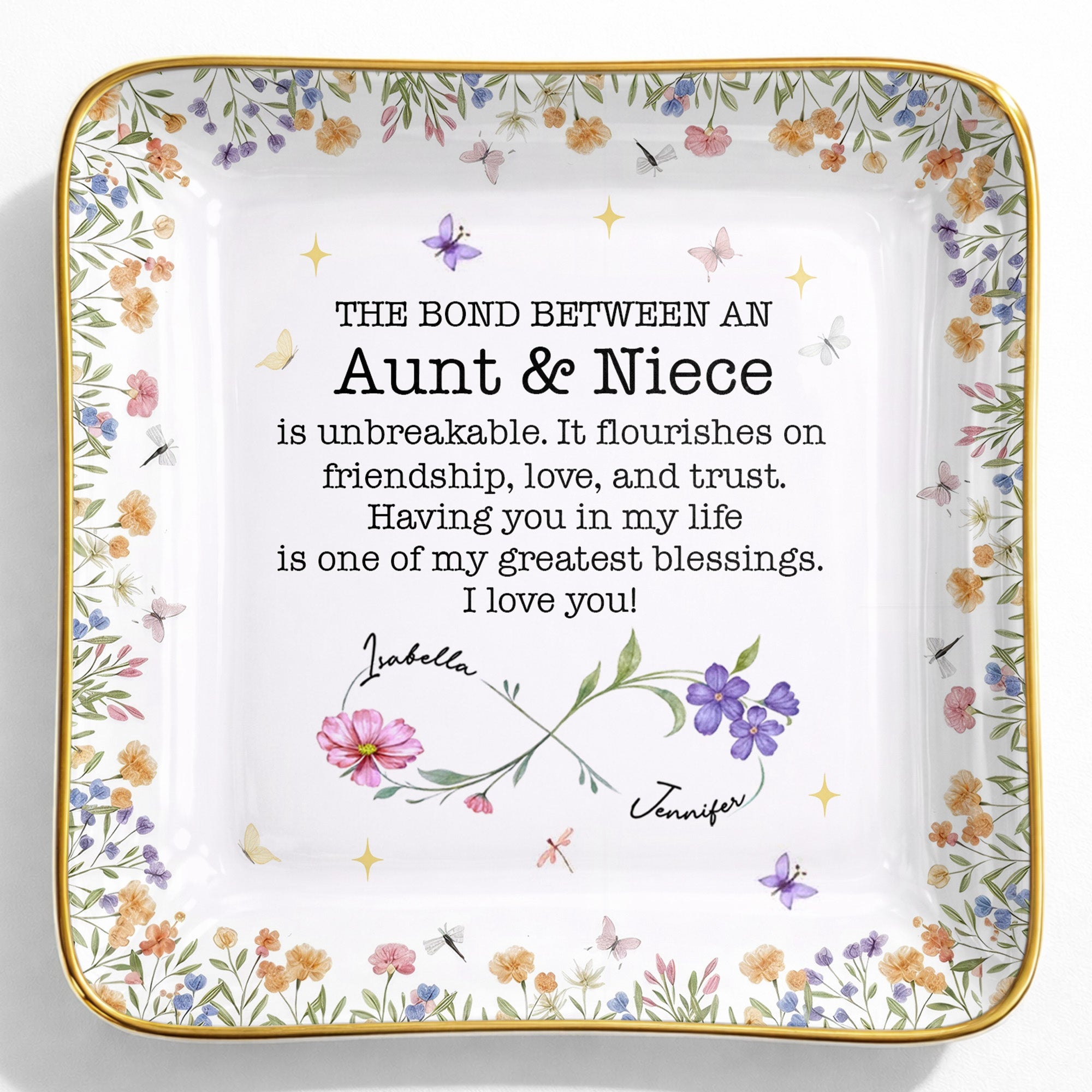 The Bond Between An Aunt & Niece, Flowers And Butterflies - Personalized Custom Jewelry Dish, Ceramic Dish, Square Shape - NCE022_SCRF