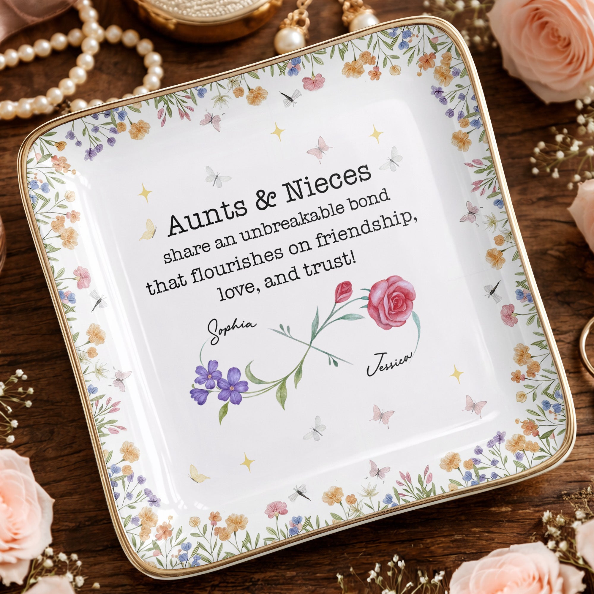 Aunts & Nieces Share An Unbreakable Bond, Flowers And Butterflies - Personalized Custom Jewelry Dish, Ceramic Dish, Square Shape - NCE023_SCRF