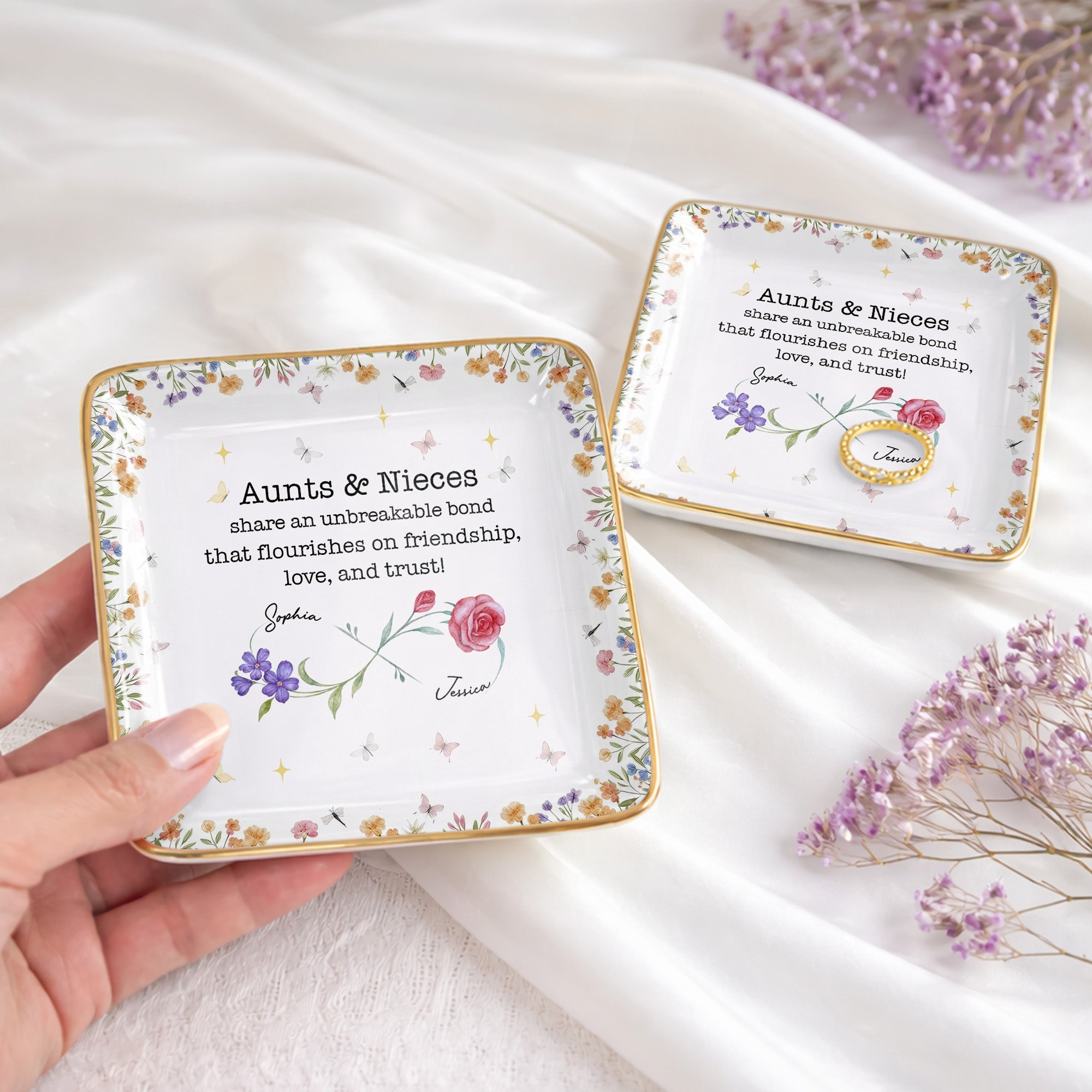 Aunts & Nieces Share An Unbreakable Bond, Flowers And Butterflies - Personalized Custom Jewelry Dish, Ceramic Dish, Square Shape - NCE023_SCRF