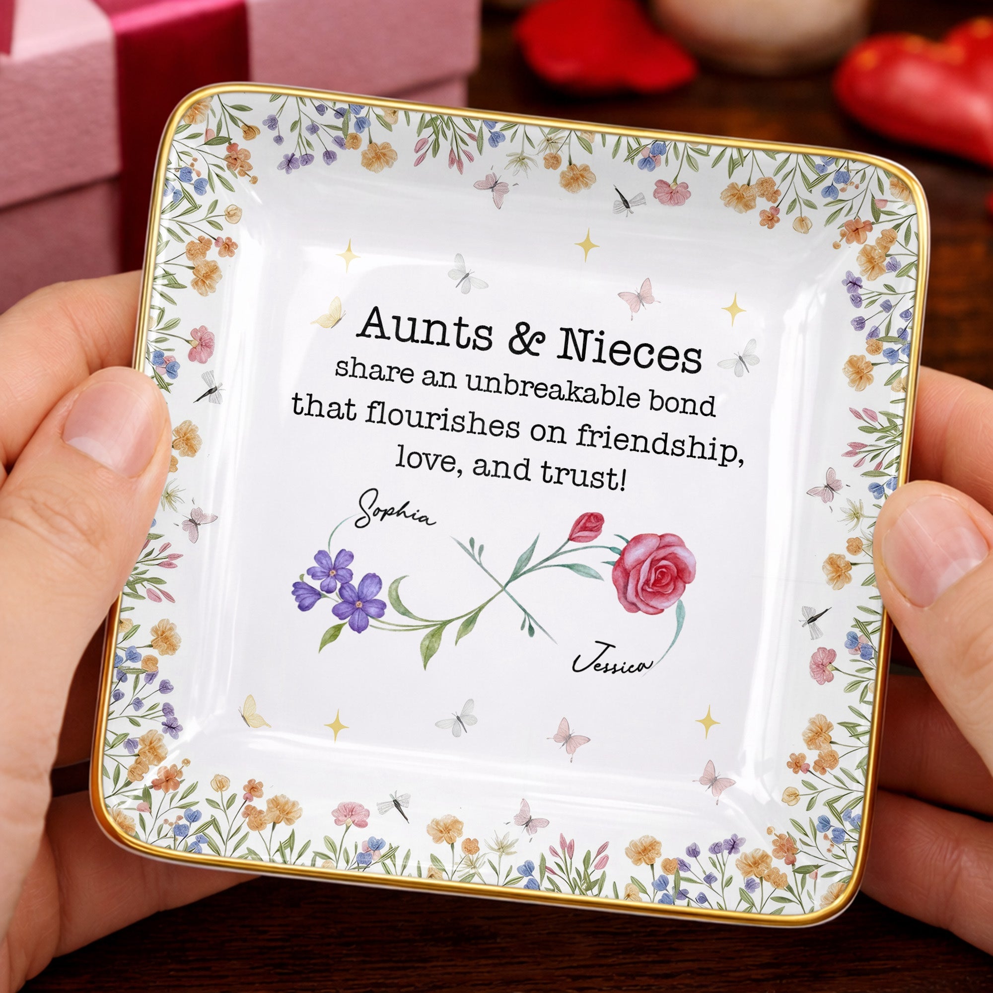 Aunts & Nieces Share An Unbreakable Bond, Flowers And Butterflies - Personalized Custom Jewelry Dish, Ceramic Dish, Square Shape - NCE023_SCRF