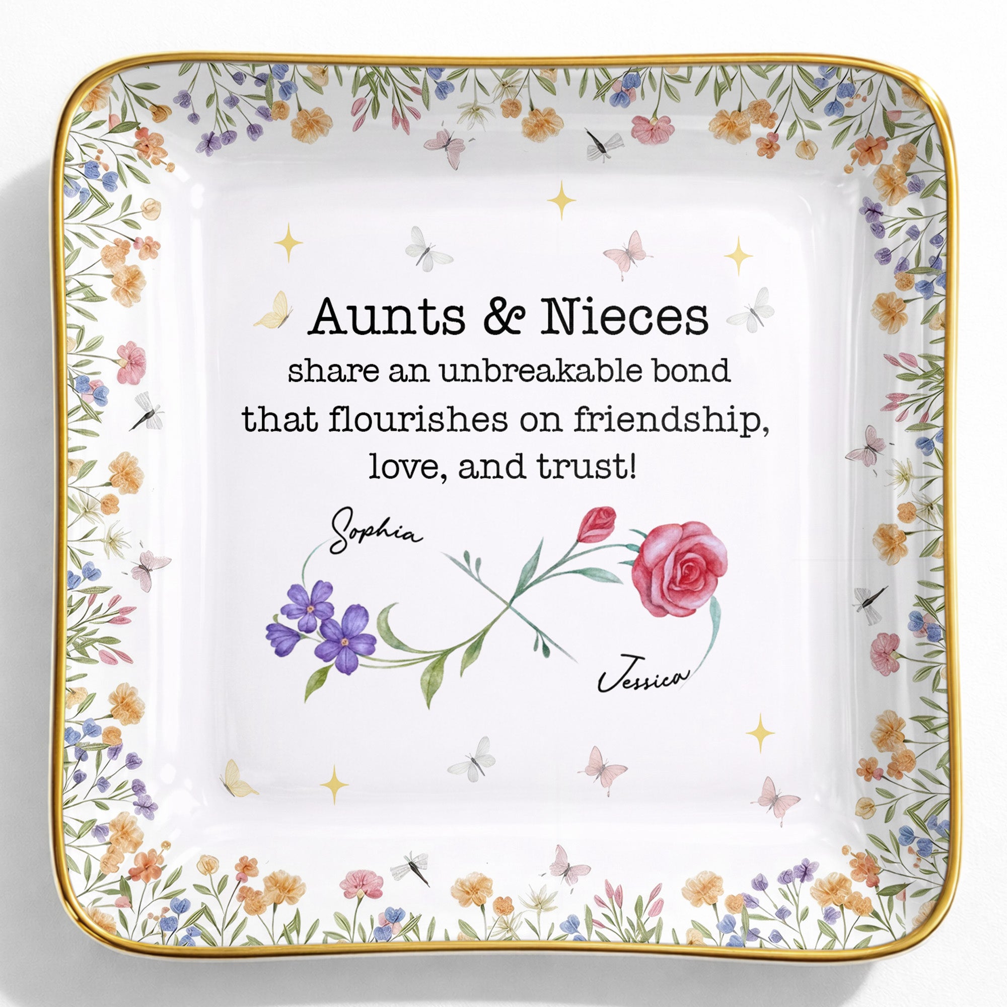 Aunts & Nieces Share An Unbreakable Bond, Flowers And Butterflies - Personalized Custom Jewelry Dish, Ceramic Dish, Square Shape - NCE023_SCRF