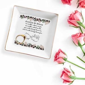 Auntie & Niece Always Together With Flowers And Branches - Personalized Custom Jewelry Dish, Square Ceramic Dish - NCE024_SCRD