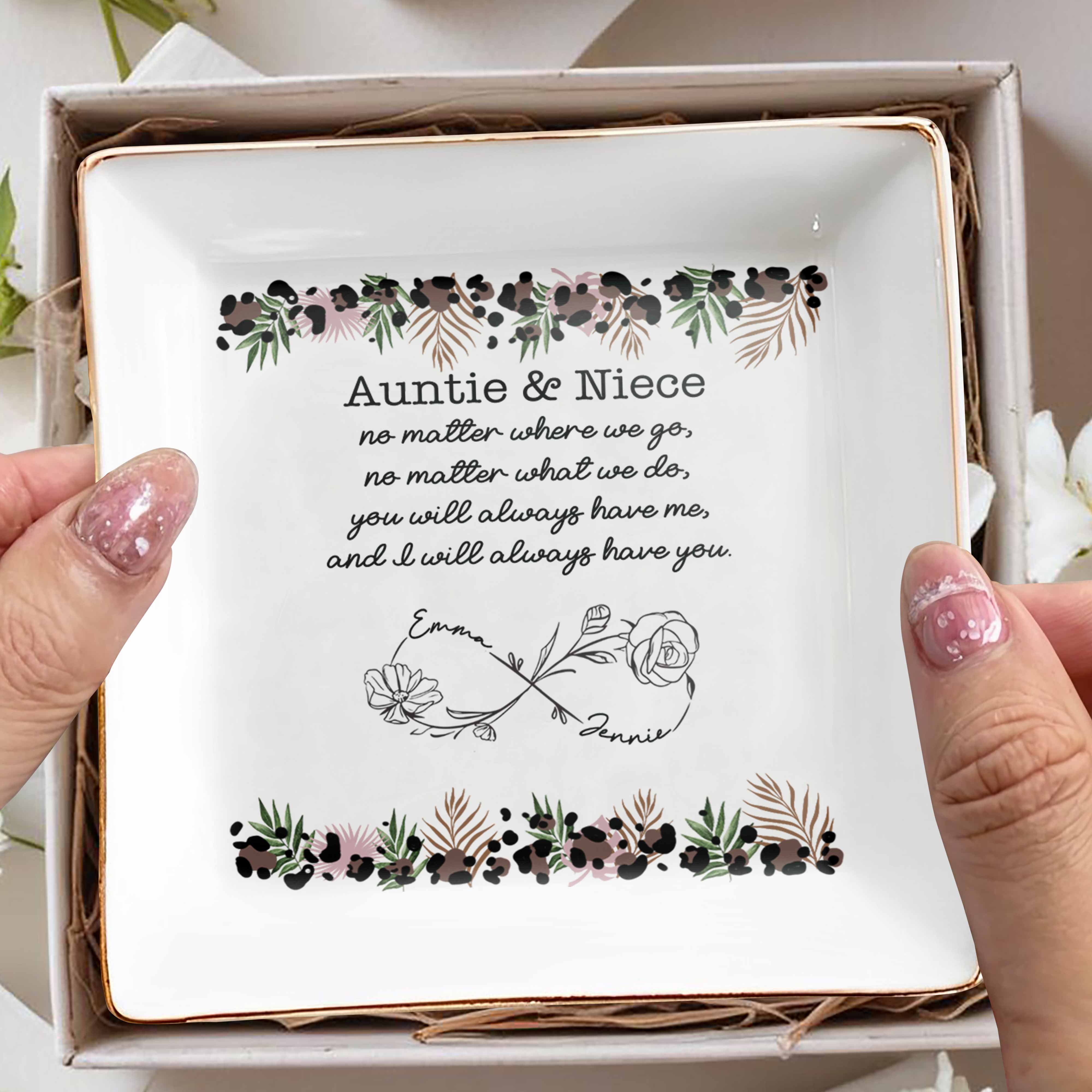 Auntie & Niece Always Together With Flowers And Branches - Personalized Custom Jewelry Dish, Square Ceramic Dish - NCE024_SCRD