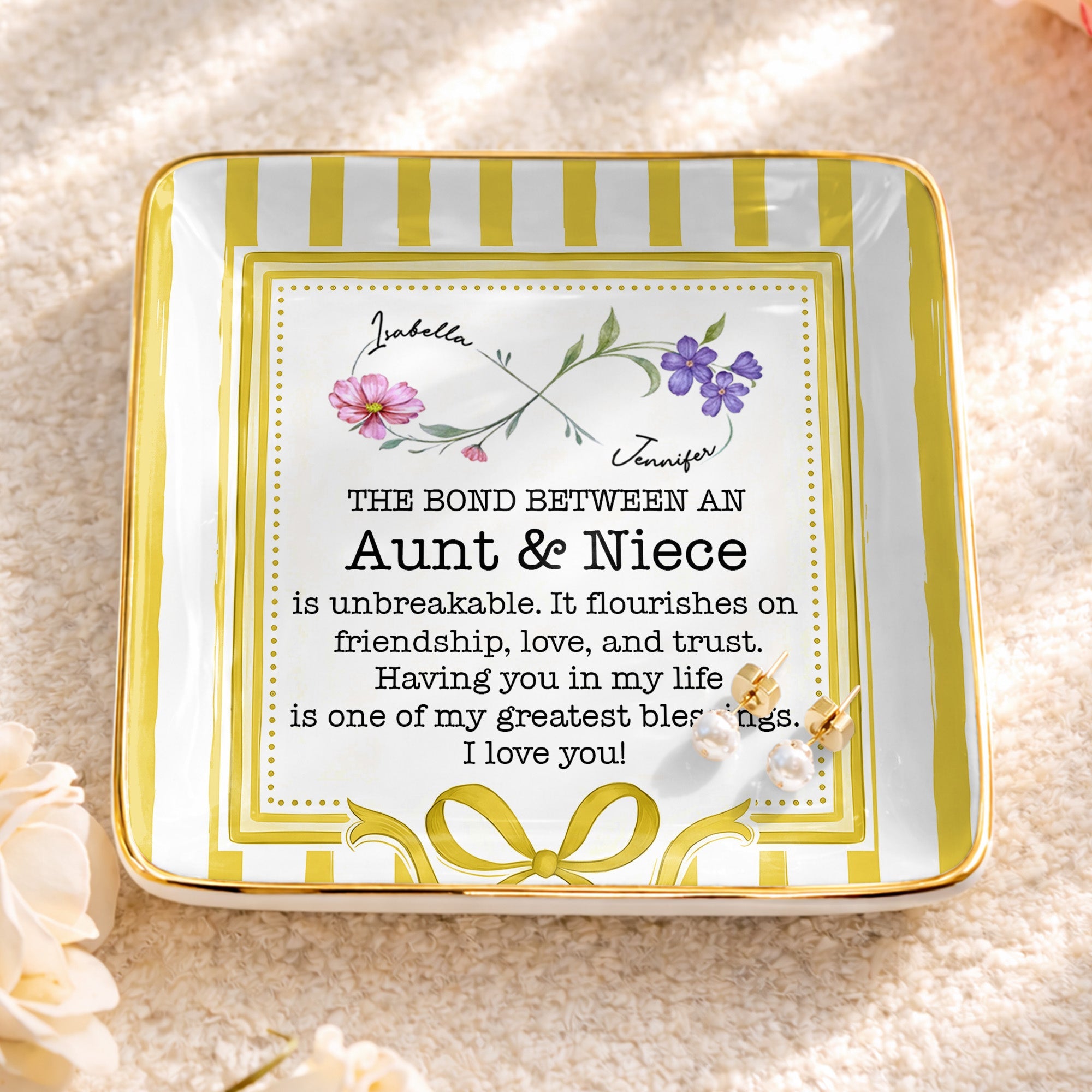 The Bond Between An Aunt & Niece, Flowers & Ribbon Decor - Personalized Custom Jewelry Dish, Ceramic Dish, Square Shape - NCE026_SCRF