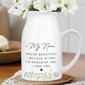 You're Beautiful, Believe In You, Flowers Heart Design - Personalized Ceramic Flower Vase