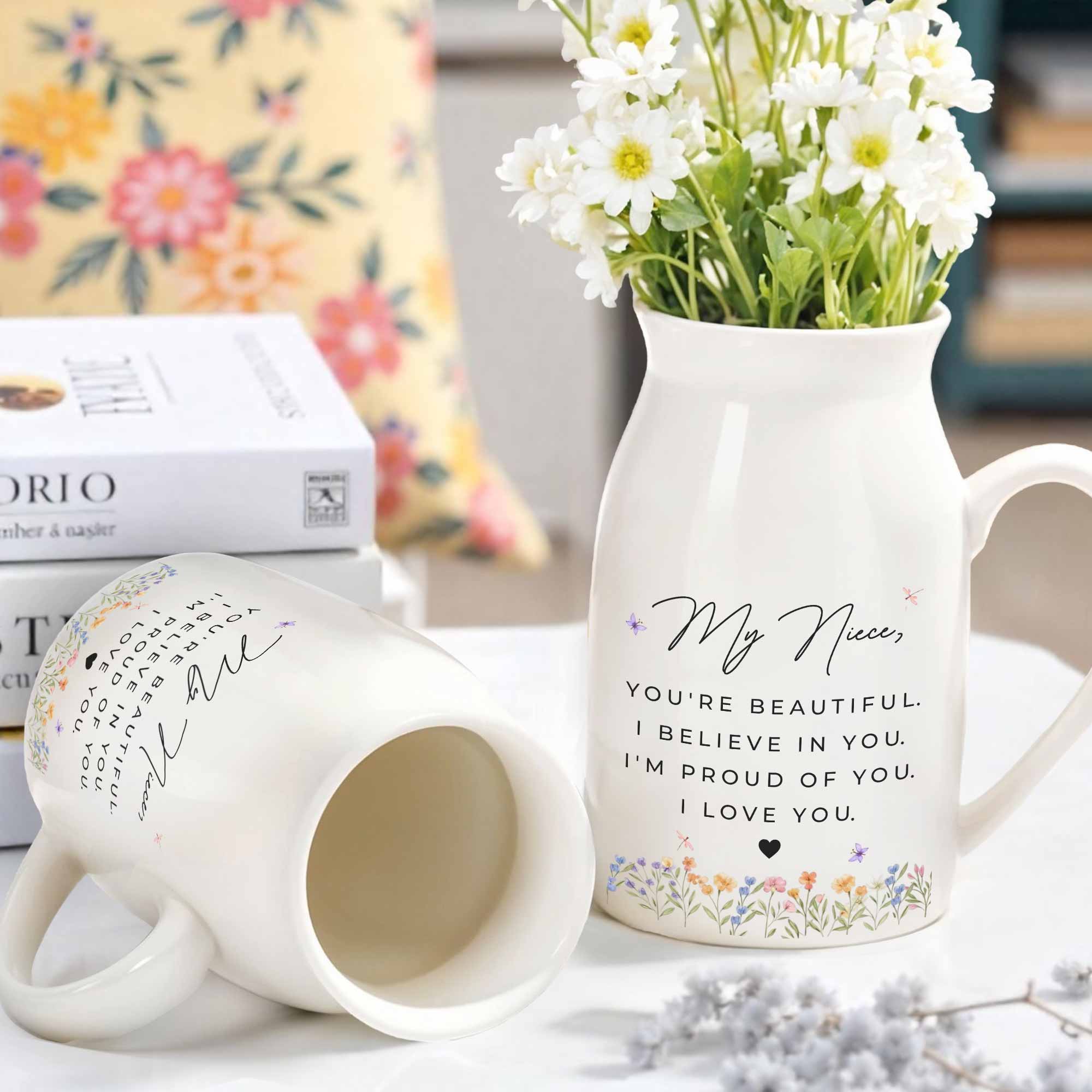 You're Beautiful, Believe In You, Flowers Heart Design - Personalized Ceramic Flower Vase