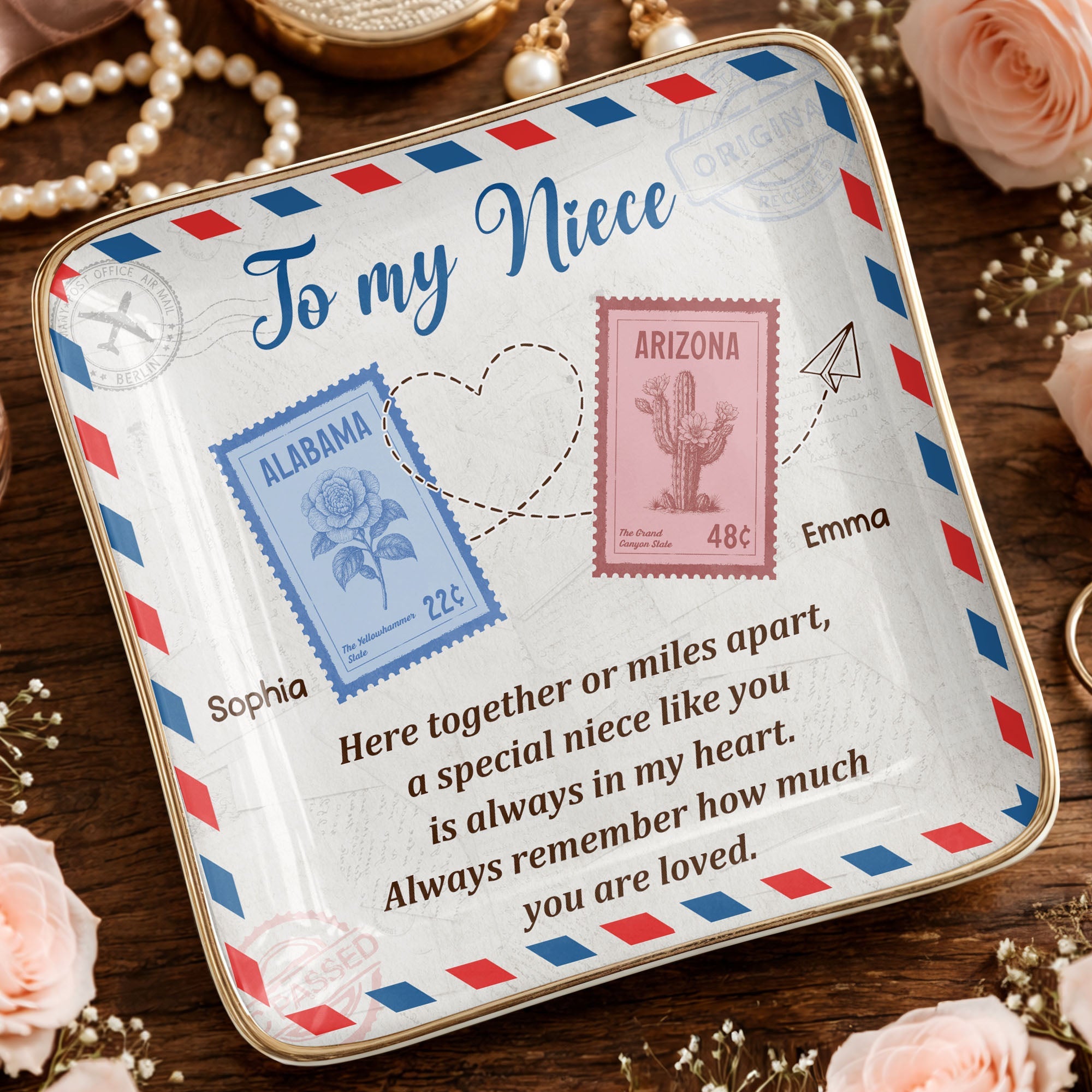 To My Niece, Postal Stamps And Hearts Design - Personalized Custom Jewelry Dish, Ceramic Dish, Square Shape - NCE028_SCRF