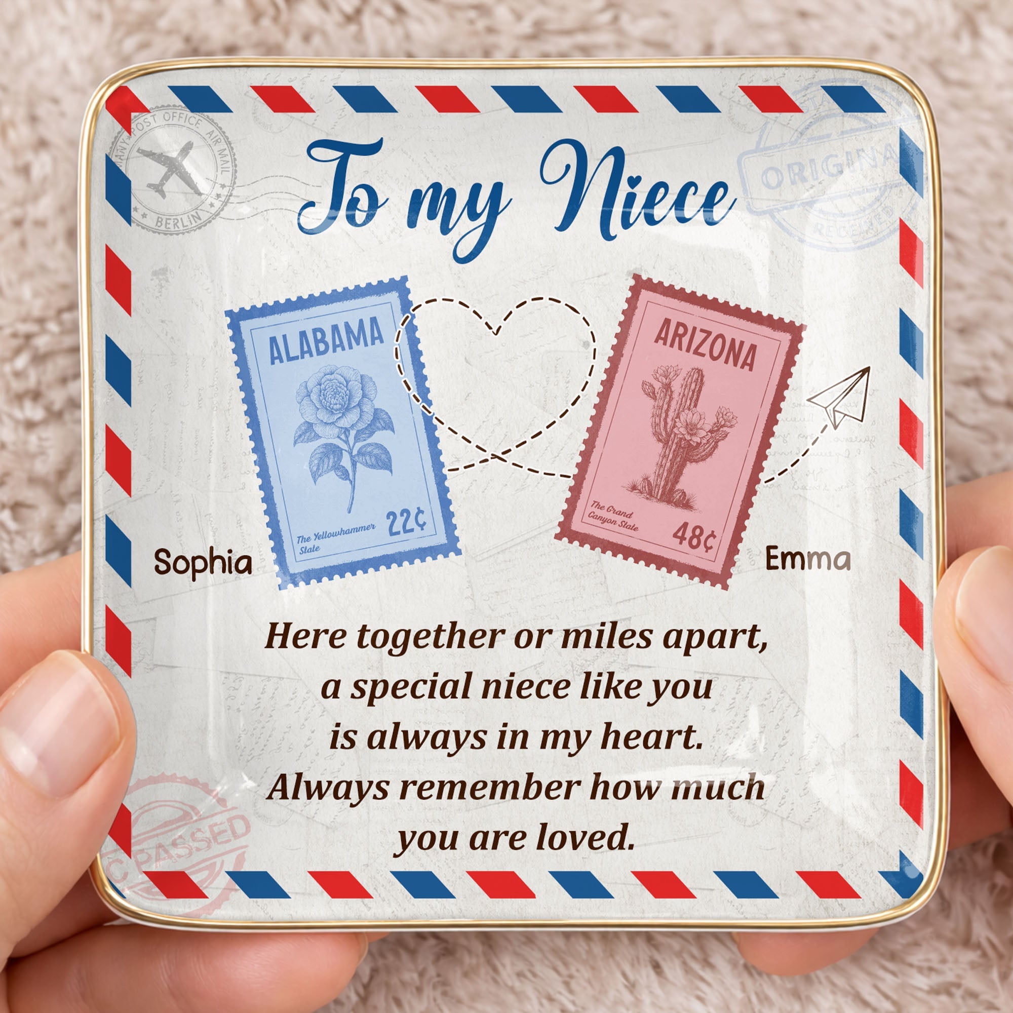 To My Niece, Postal Stamps And Hearts Design - Personalized Custom Jewelry Dish, Ceramic Dish, Square Shape - NCE028_SCRF