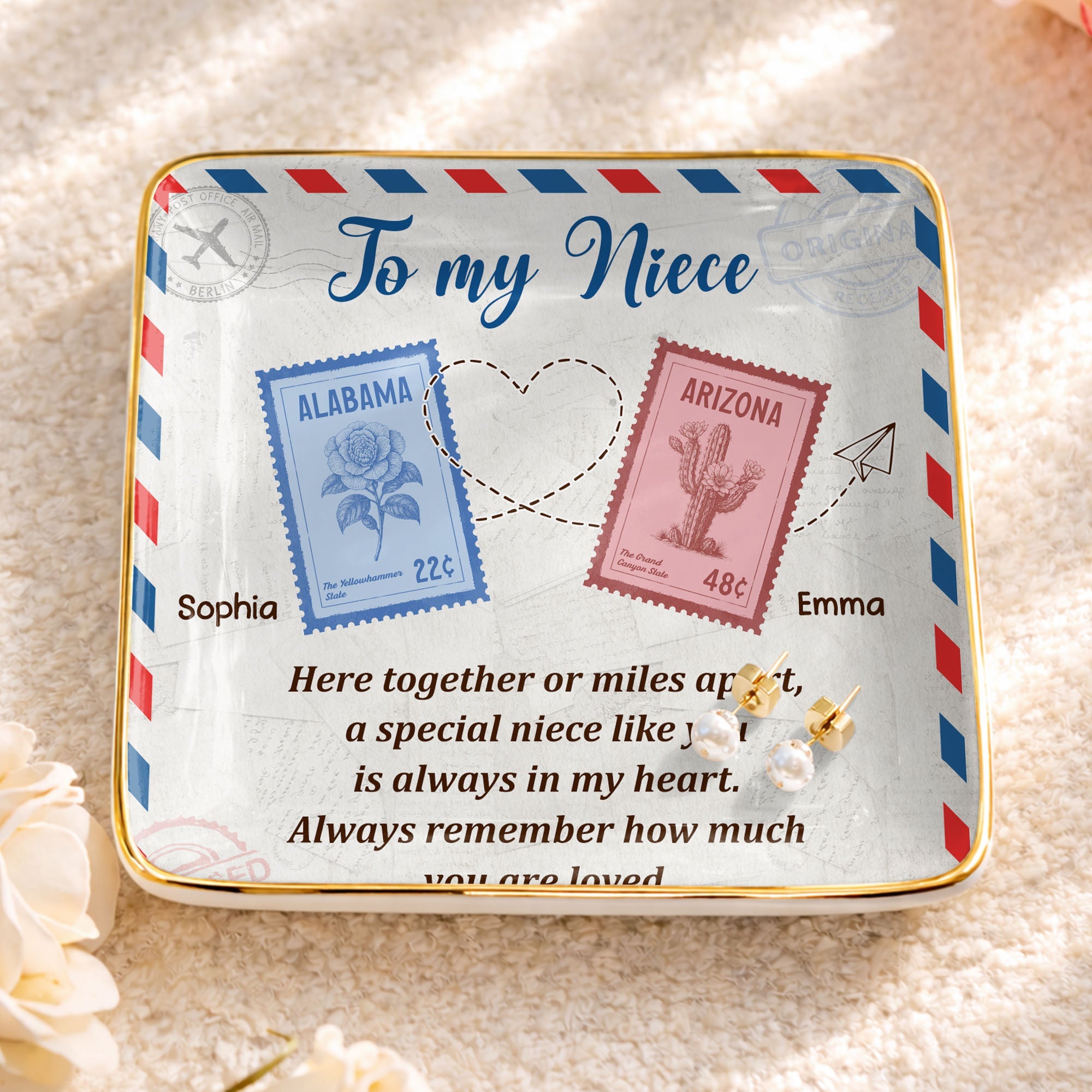 To My Niece, Postal Stamps And Hearts Design - Personalized Custom Jewelry Dish, Ceramic Dish, Square Shape - NCE028_SCRF