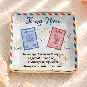 To My Niece, Postal Stamps And Hearts Design - Personalized Custom Jewelry Dish, Ceramic Dish, Square Shape - NCE028_SCRF