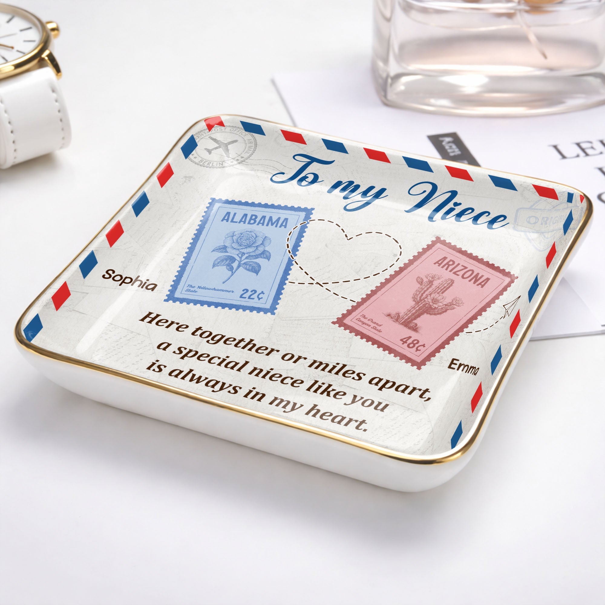 To My Niece, Postal Stamps And Hearts Design - Personalized Custom Jewelry Dish, Ceramic Dish, Square Shape - NCE028_SCRF