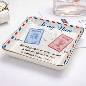To My Niece, Postal Stamps And Hearts Design - Personalized Custom Jewelry Dish, Ceramic Dish, Square Shape - NCE028_SCRF