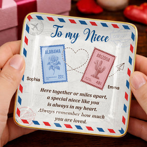 To My Niece, Postal Stamps And Hearts Design - Personalized Custom Jewelry Dish, Ceramic Dish, Square Shape - NCE028_SCRF