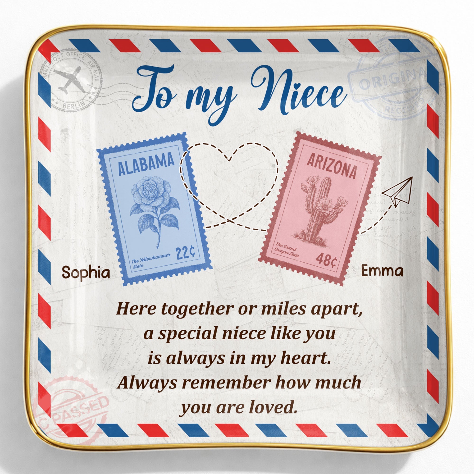 To My Niece, Postal Stamps And Hearts Design - Personalized Custom Jewelry Dish, Ceramic Dish, Square Shape - NCE028_SCRF