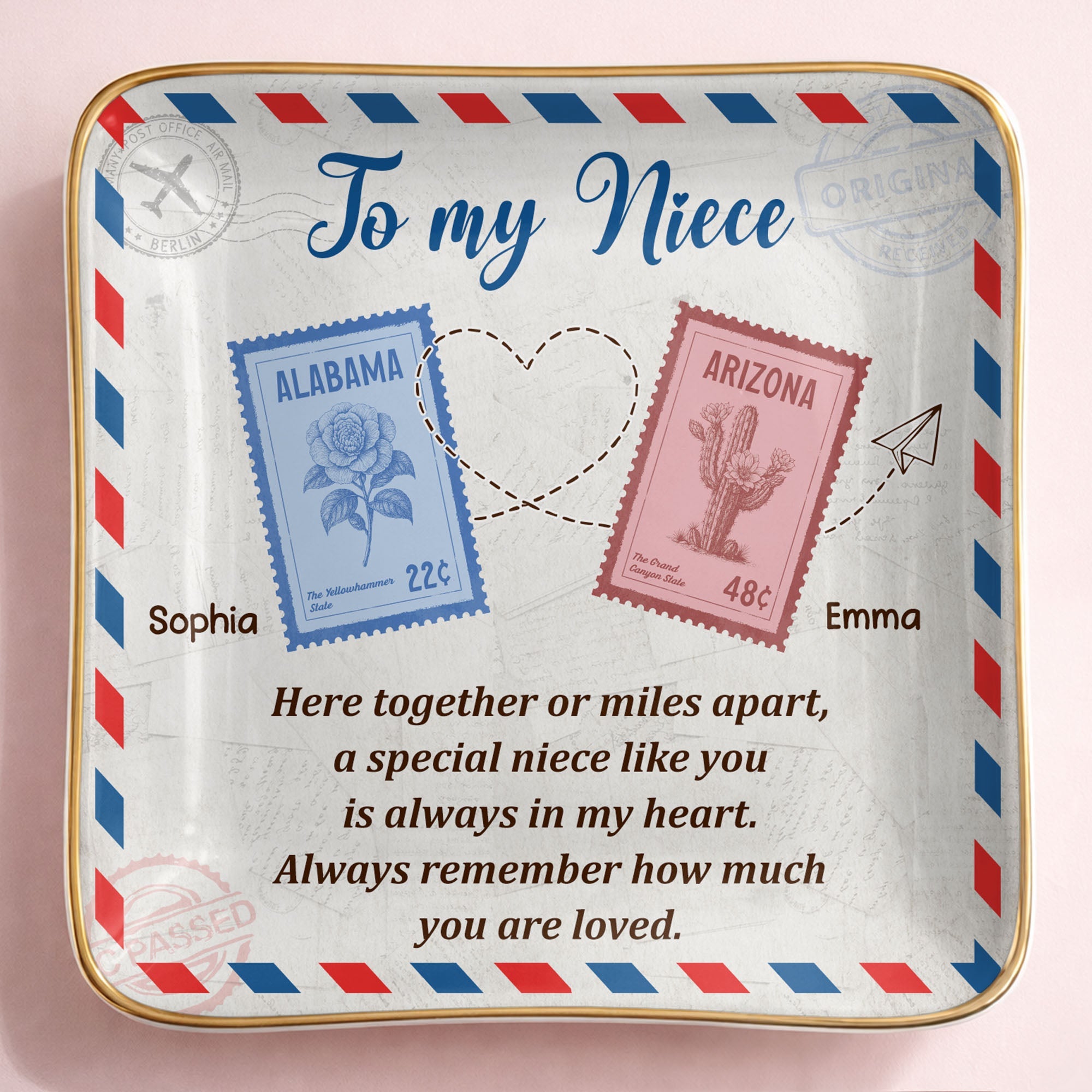 To My Niece, Postal Stamps And Hearts Design - Personalized Custom Jewelry Dish, Ceramic Dish, Square Shape - NCE028_SCRF