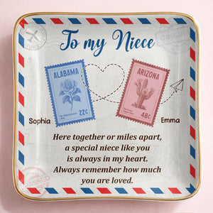To My Niece, Postal Stamps And Hearts Design - Personalized Custom Jewelry Dish, Ceramic Dish, Square Shape - NCE028_SCRF
