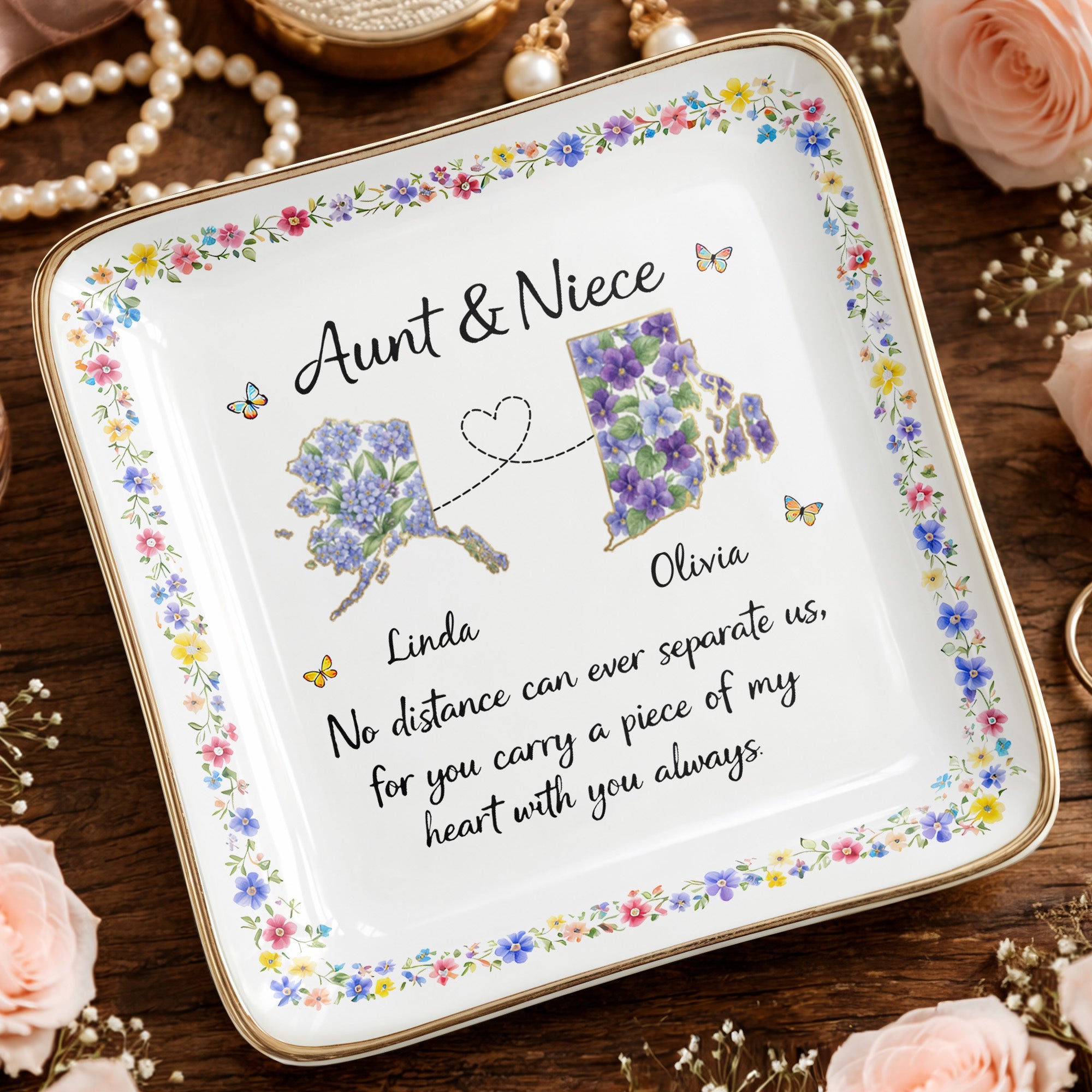 Aunt & Niece No Distance Can Ever Separate Us Floral State Map - Personalized Custom Jewelry Dish, Ceramic Dish, Square Shape - NCE030_SCRF
