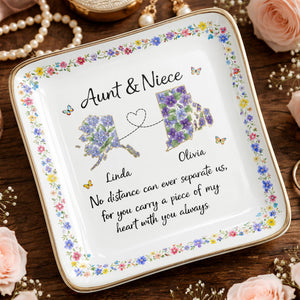 Aunt & Niece No Distance Can Ever Separate Us Floral State Map - Personalized Custom Jewelry Dish, Ceramic Dish, Square Shape - NCE030_SCRF