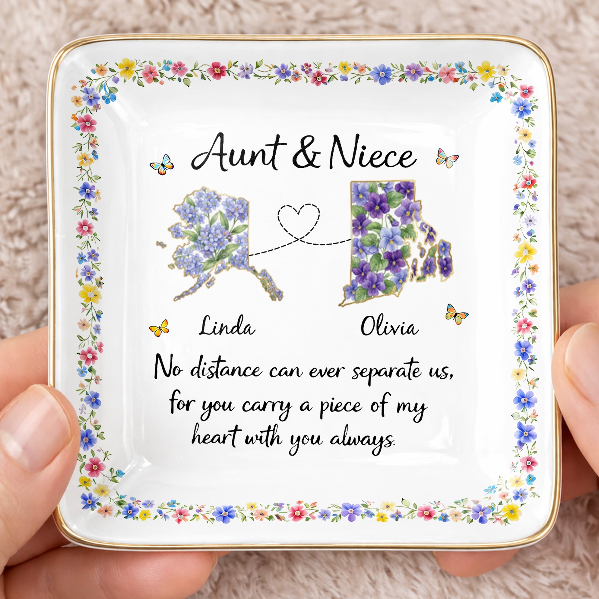Aunt & Niece No Distance Can Ever Separate Us Floral State Map - Personalized Custom Jewelry Dish, Ceramic Dish, Square Shape - NCE030_SCRF