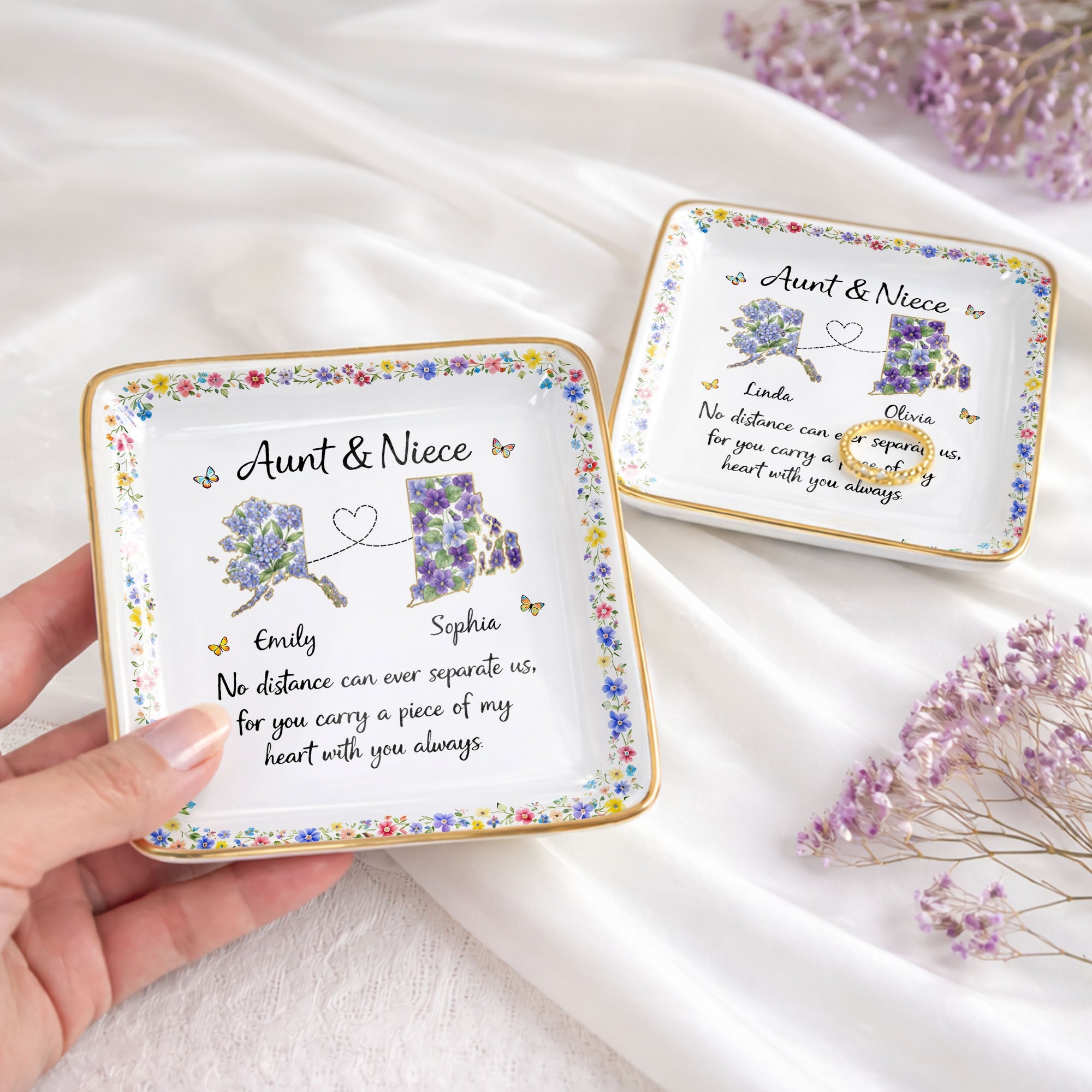Aunt & Niece No Distance Can Ever Separate Us Floral State Map - Personalized Custom Jewelry Dish, Ceramic Dish, Square Shape - NCE030_SCRF