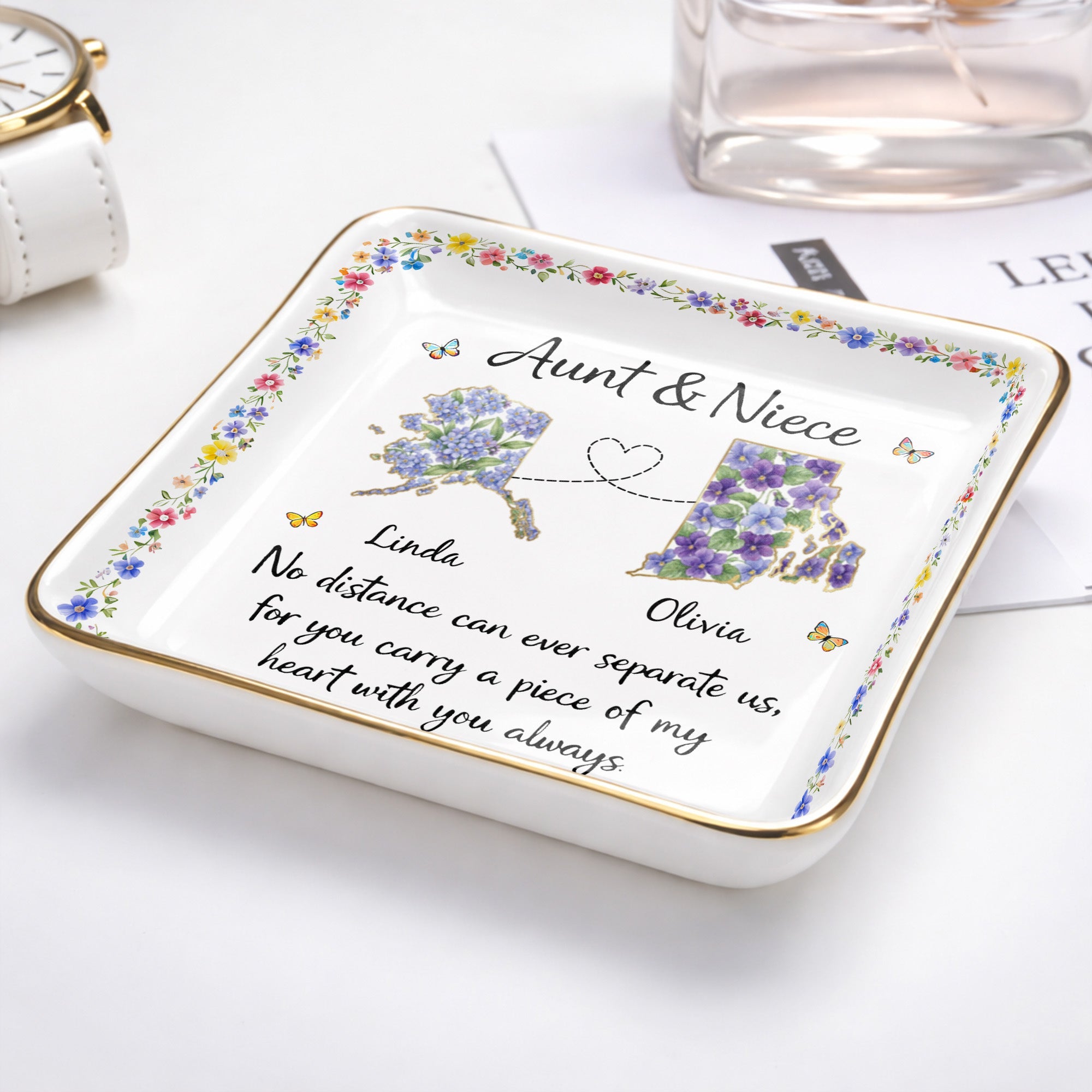 Aunt & Niece No Distance Can Ever Separate Us Floral State Map - Personalized Custom Jewelry Dish, Ceramic Dish, Square Shape - NCE030_SCRF