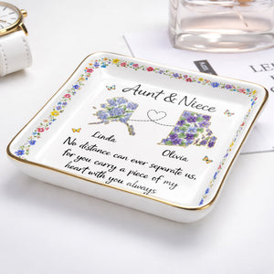 Aunt & Niece No Distance Can Ever Separate Us Floral State Map - Personalized Custom Jewelry Dish, Ceramic Dish, Square Shape - NCE030_SCRF