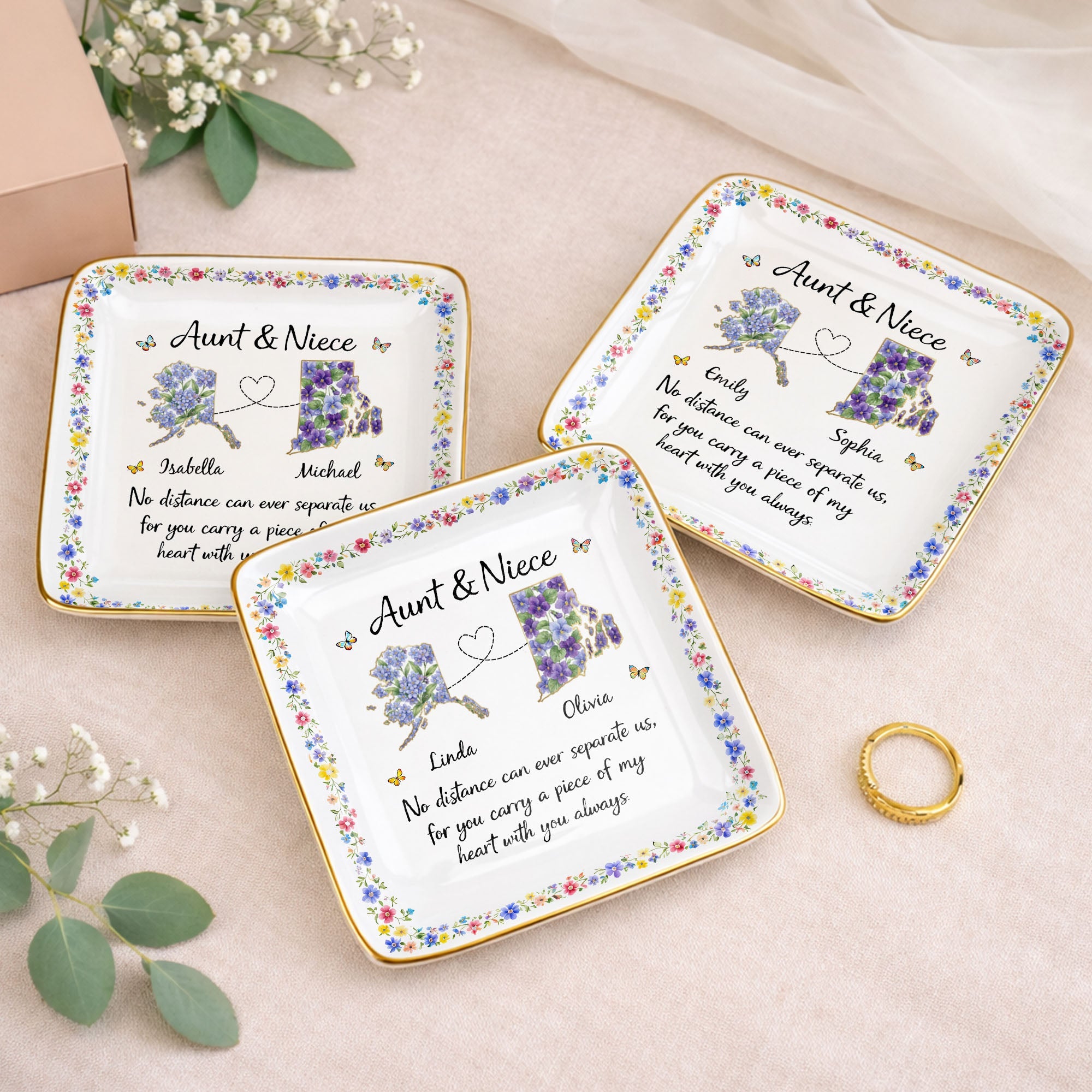 Aunt & Niece No Distance Can Ever Separate Us Floral State Map - Personalized Custom Jewelry Dish, Ceramic Dish, Square Shape - NCE030_SCRF