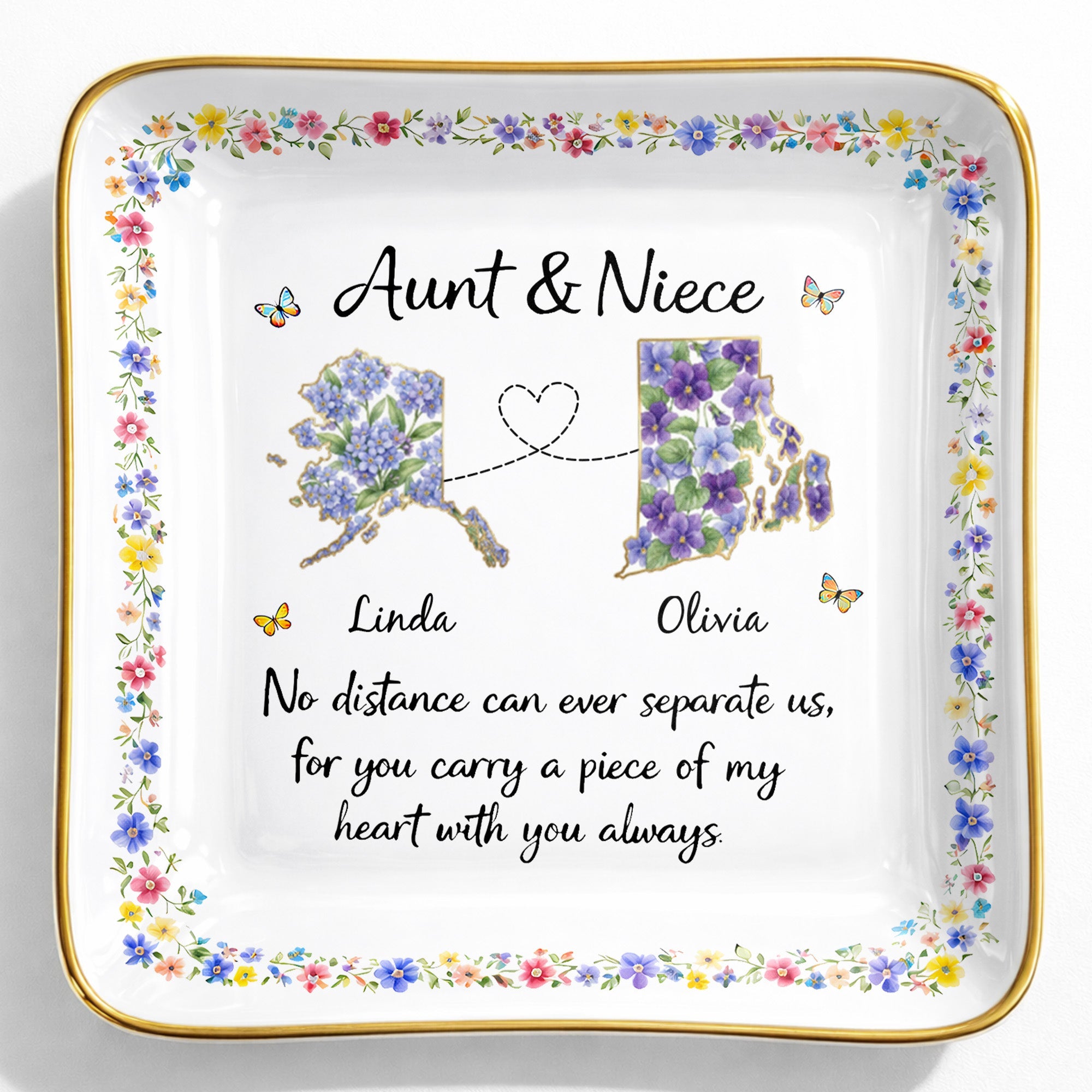 Aunt & Niece No Distance Can Ever Separate Us Floral State Map - Personalized Custom Jewelry Dish, Ceramic Dish, Square Shape - NCE030_SCRF