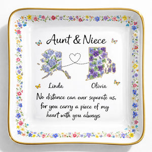 Aunt & Niece No Distance Can Ever Separate Us Floral State Map - Personalized Custom Jewelry Dish, Ceramic Dish, Square Shape - NCE030_SCRF