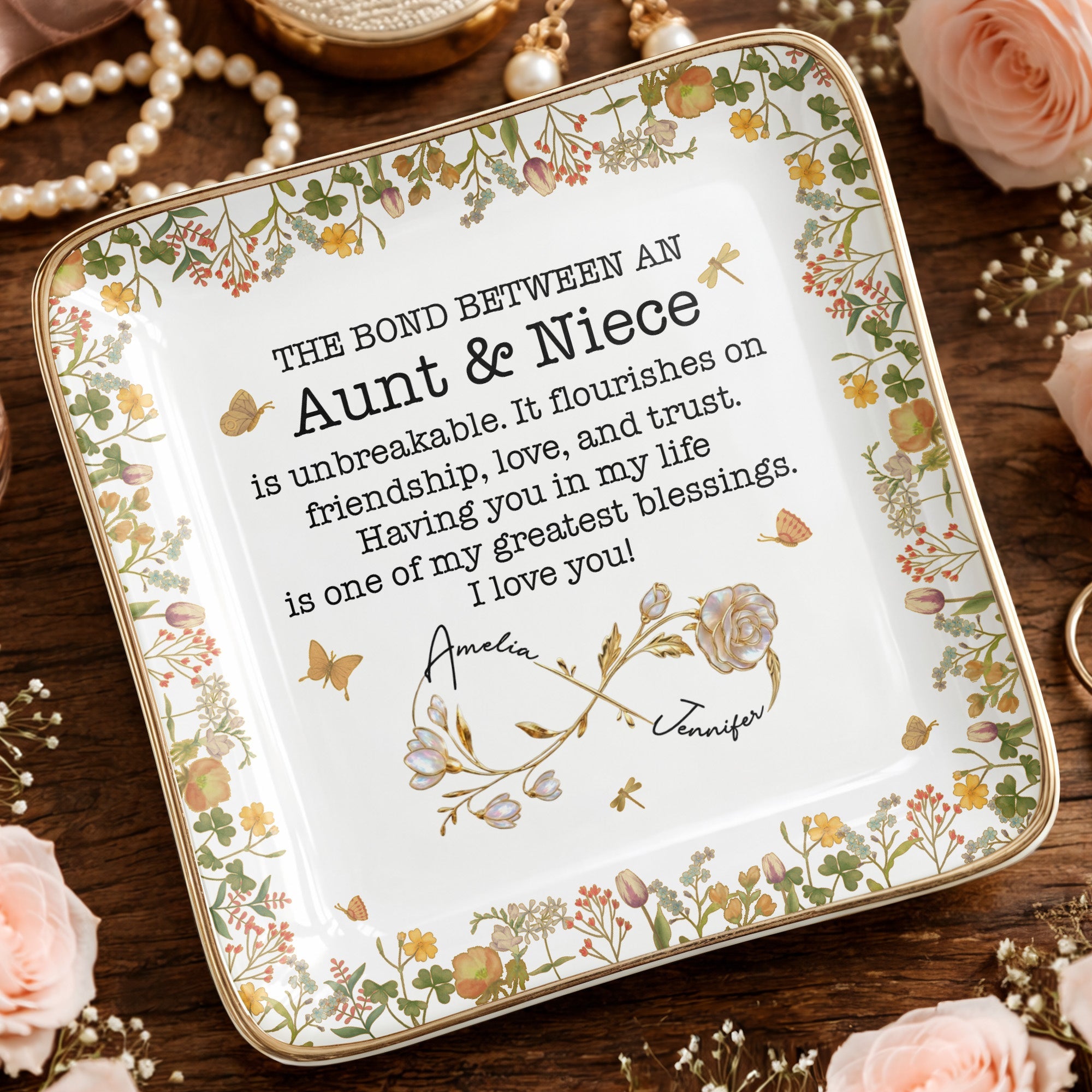 The Bond Between An Aunt & Niece, Flowers - Personalized Custom Jewelry Dish, Ceramic Dish, Square Shape - NCE039_SCRF