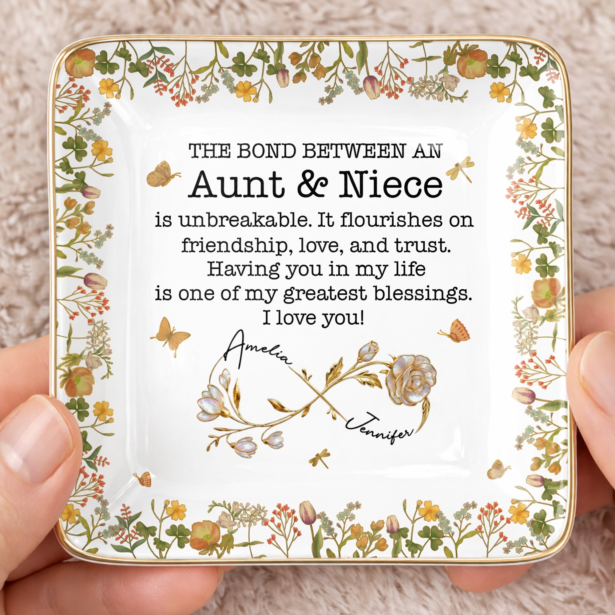 The Bond Between An Aunt & Niece, Flowers - Personalized Custom Jewelry Dish, Ceramic Dish, Square Shape - NCE039_SCRF