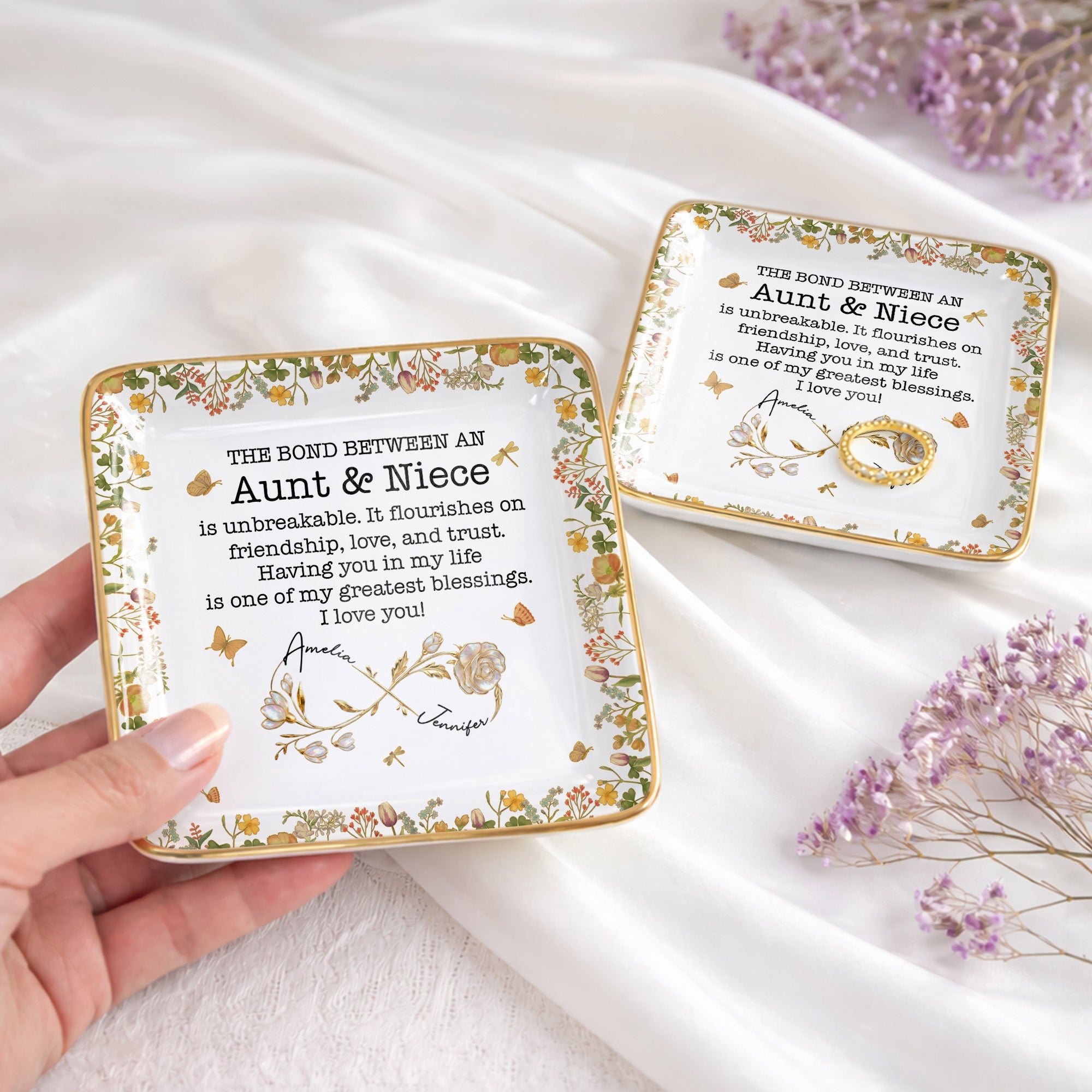 The Bond Between An Aunt & Niece, Flowers - Personalized Custom Jewelry Dish, Ceramic Dish, Square Shape - NCE039_SCRF