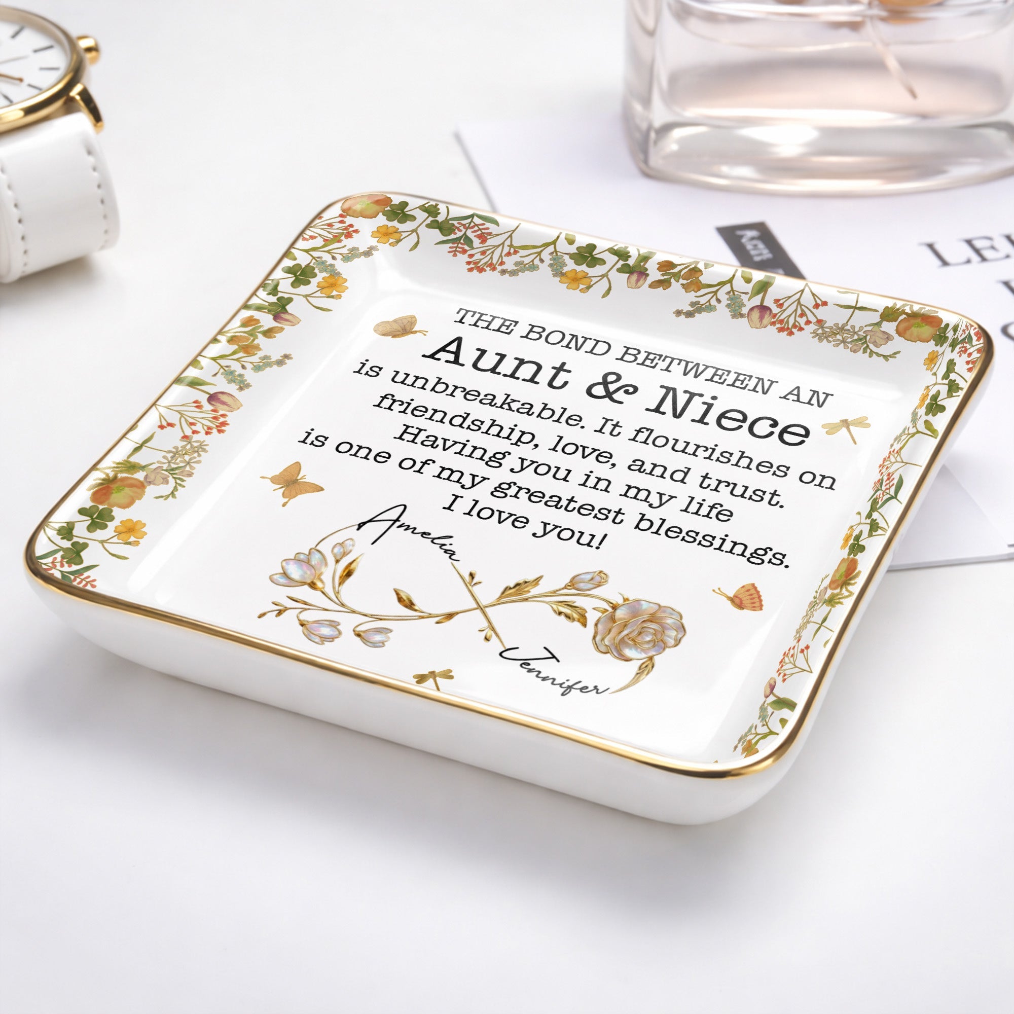 The Bond Between An Aunt & Niece, Flowers - Personalized Custom Jewelry Dish, Ceramic Dish, Square Shape - NCE039_SCRF