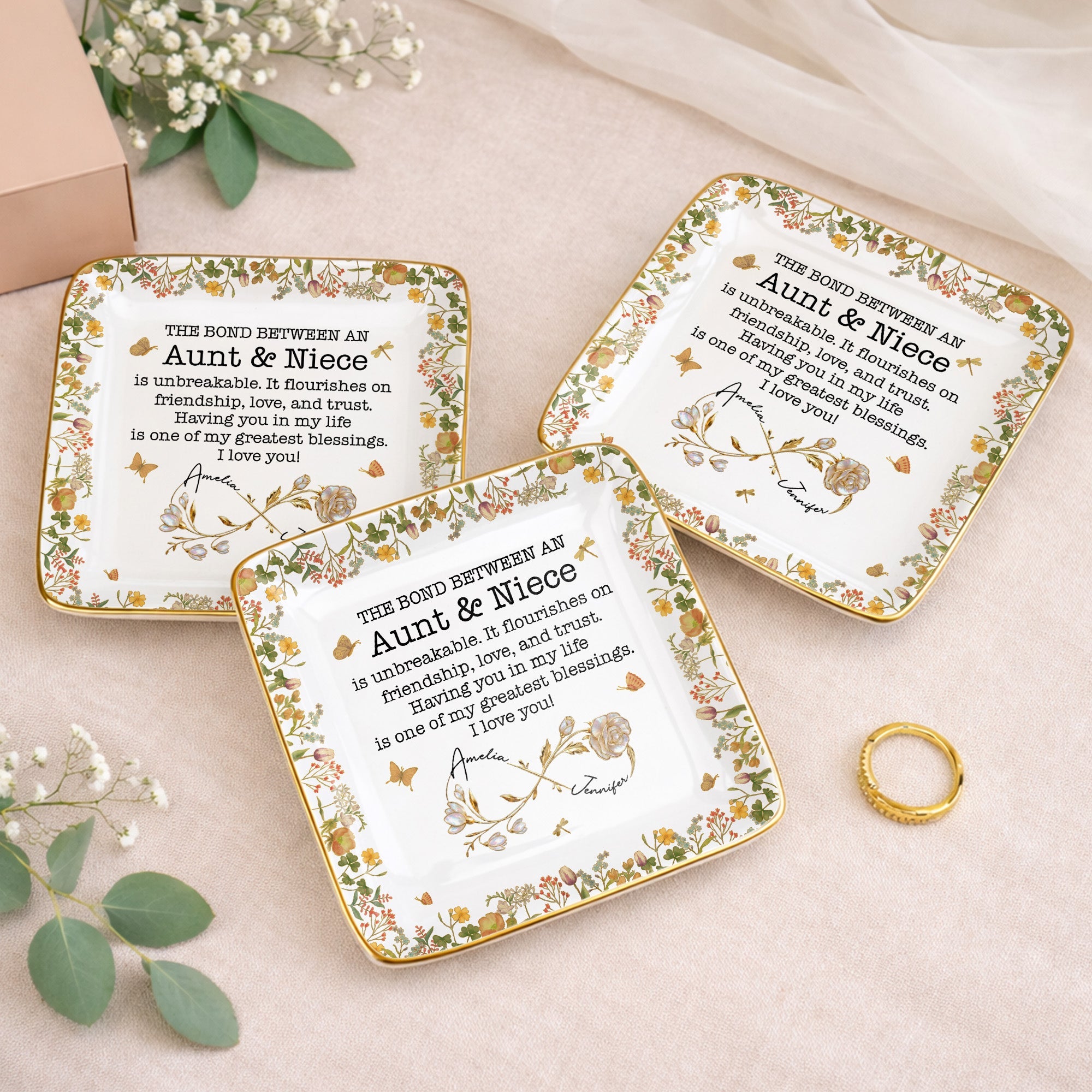 The Bond Between An Aunt & Niece, Flowers - Personalized Custom Jewelry Dish, Ceramic Dish, Square Shape - NCE039_SCRF