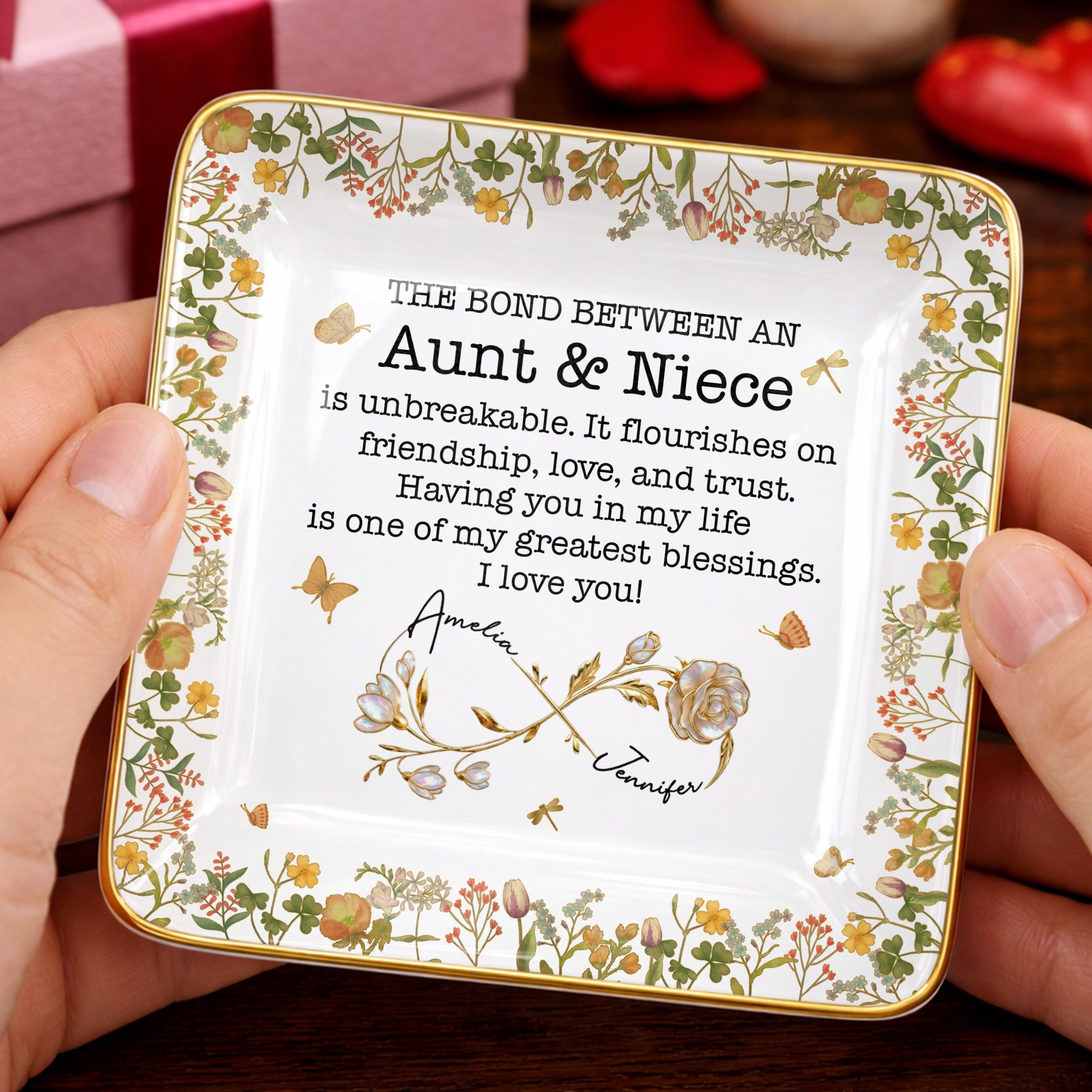 The Bond Between An Aunt & Niece, Flowers - Personalized Custom Jewelry Dish, Ceramic Dish, Square Shape - NCE039_SCRF