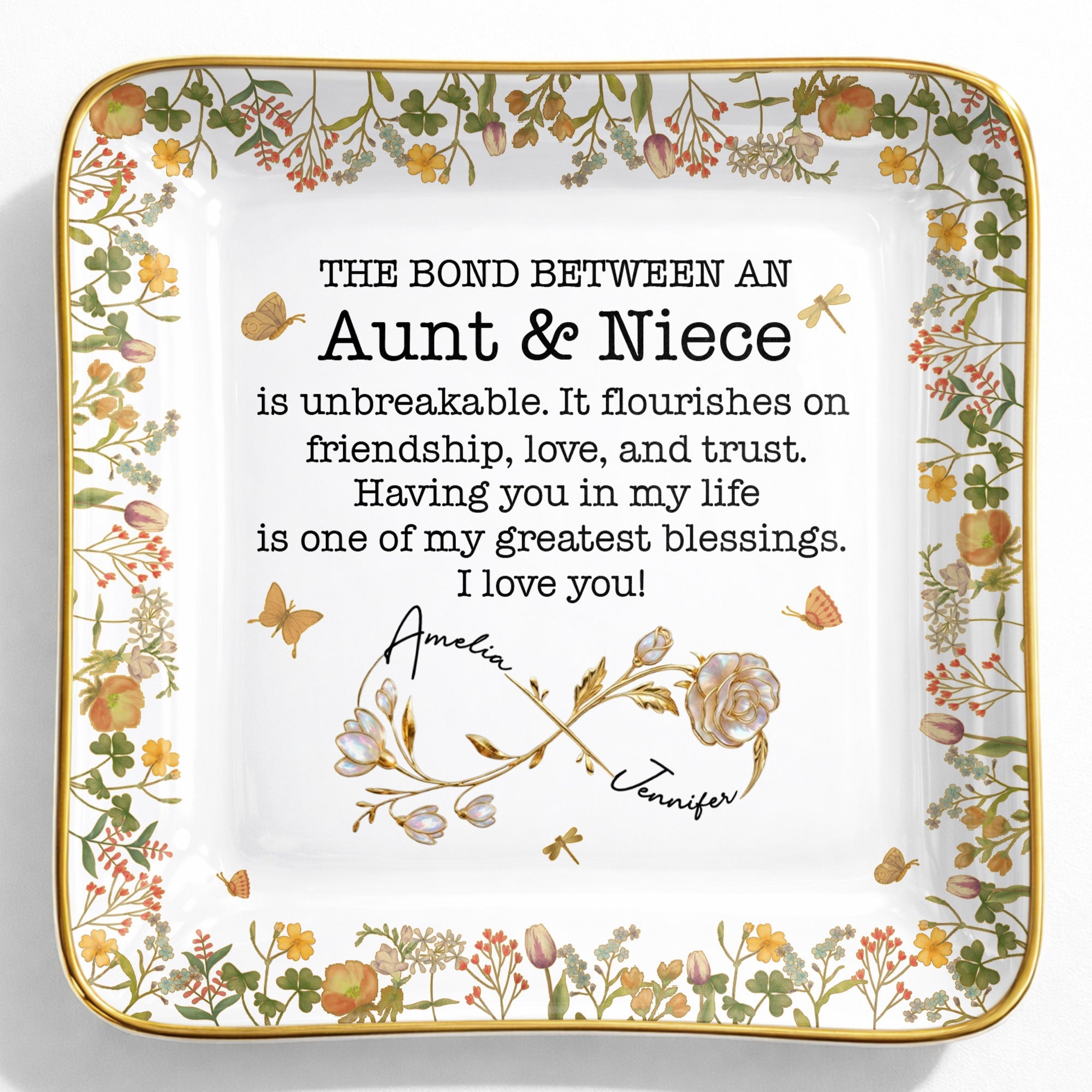 The Bond Between An Aunt & Niece, Flowers - Personalized Custom Jewelry Dish, Ceramic Dish, Square Shape - NCE039_SCRF