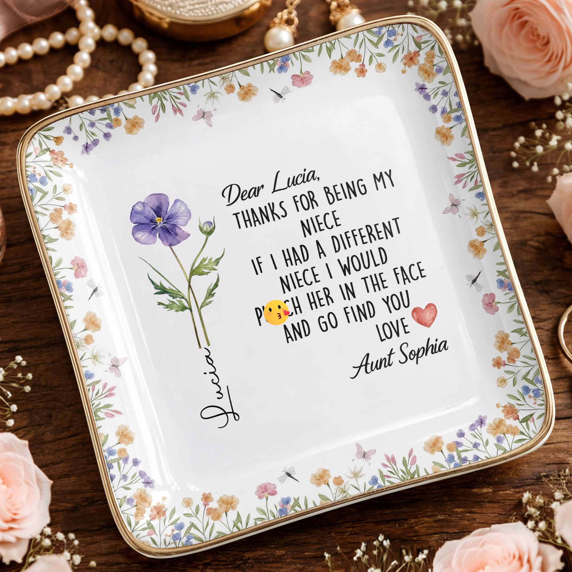 Thanks For Being My Niece Funny Message With Purple Flower - Personalized Custom Jewelry Dish, Ceramic Dish, Square Shape - NCE043_SCRF