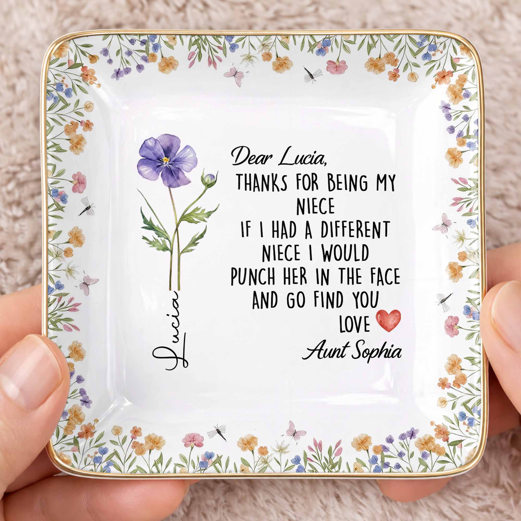 Thanks For Being My Niece Funny Message With Purple Flower - Personalized Custom Jewelry Dish, Ceramic Dish, Square Shape - NCE043_SCRF