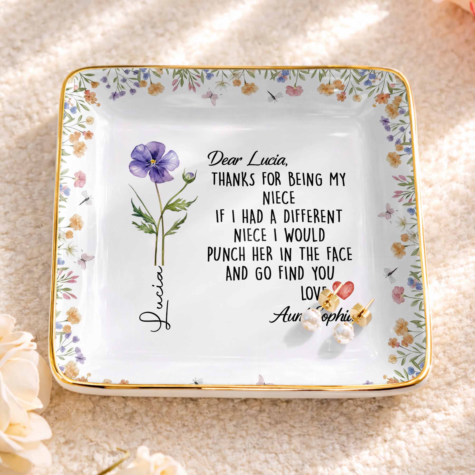 Thanks For Being My Niece Funny Message With Purple Flower - Personalized Custom Jewelry Dish, Ceramic Dish, Square Shape - NCE043_SCRF