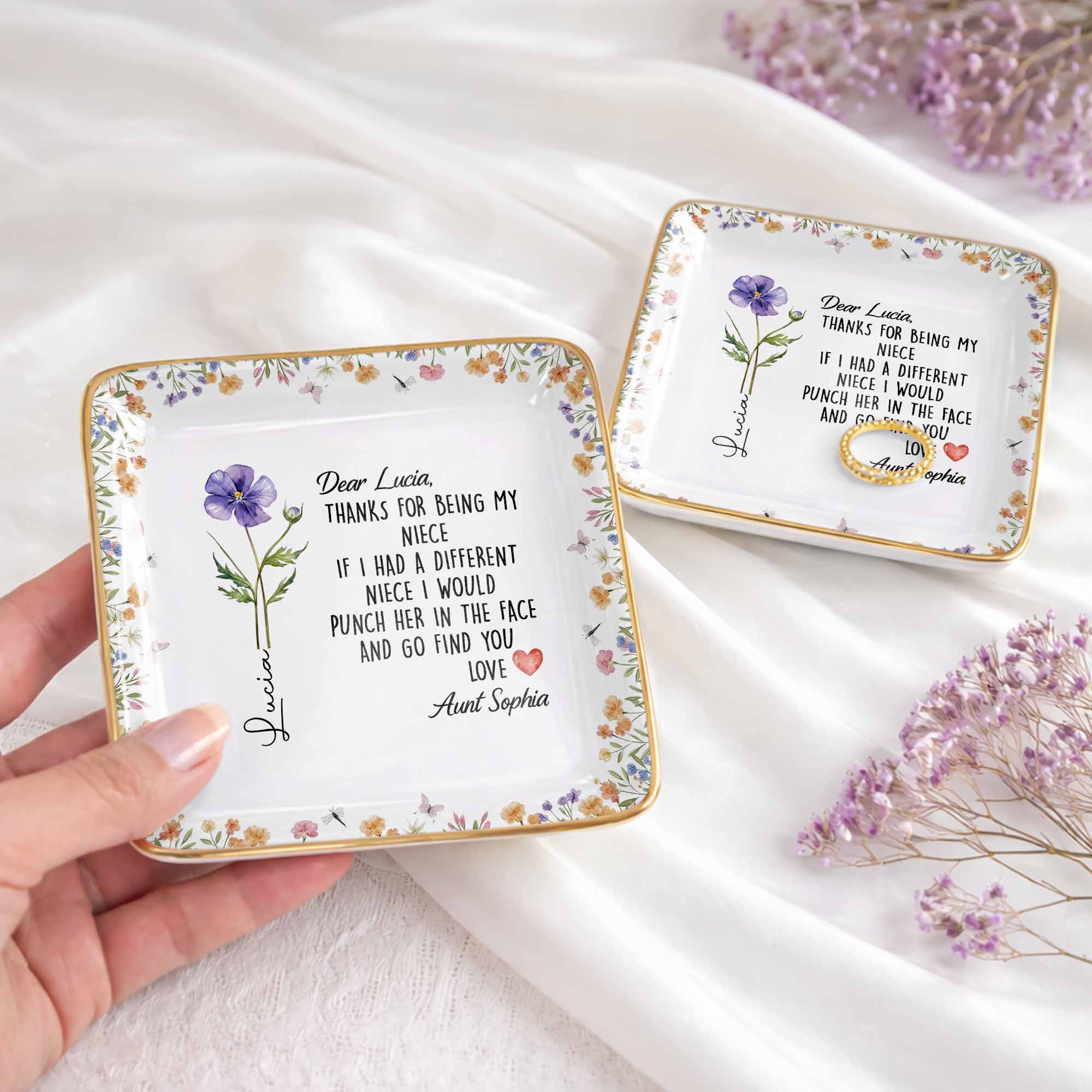 Thanks For Being My Niece Funny Message With Purple Flower - Personalized Custom Jewelry Dish, Ceramic Dish, Square Shape - NCE043_SCRF