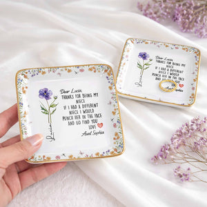 Thanks For Being My Niece Funny Message With Purple Flower - Personalized Custom Jewelry Dish, Ceramic Dish, Square Shape - NCE043_SCRF