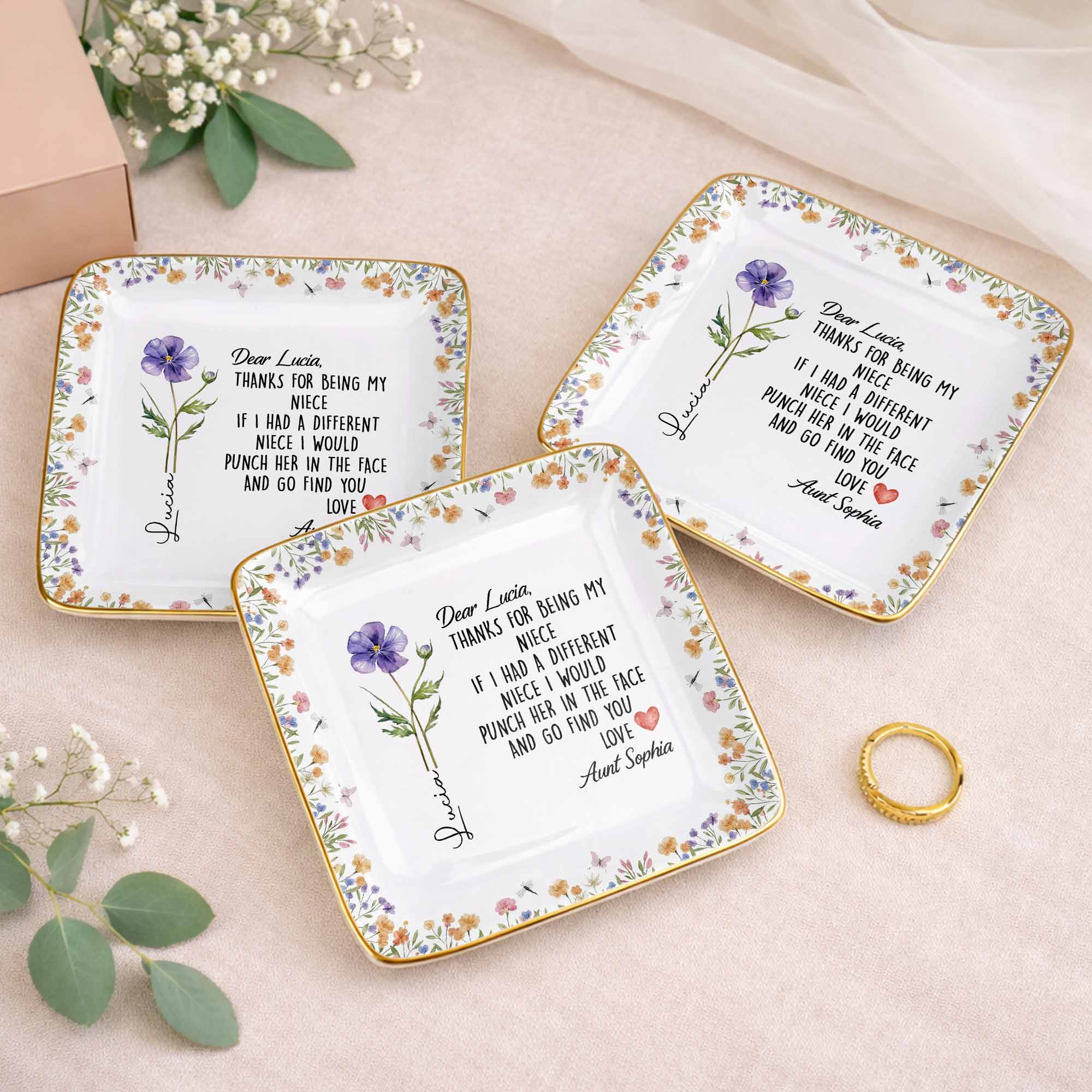 Thanks For Being My Niece Funny Message With Purple Flower - Personalized Custom Jewelry Dish, Ceramic Dish, Square Shape - NCE043_SCRF