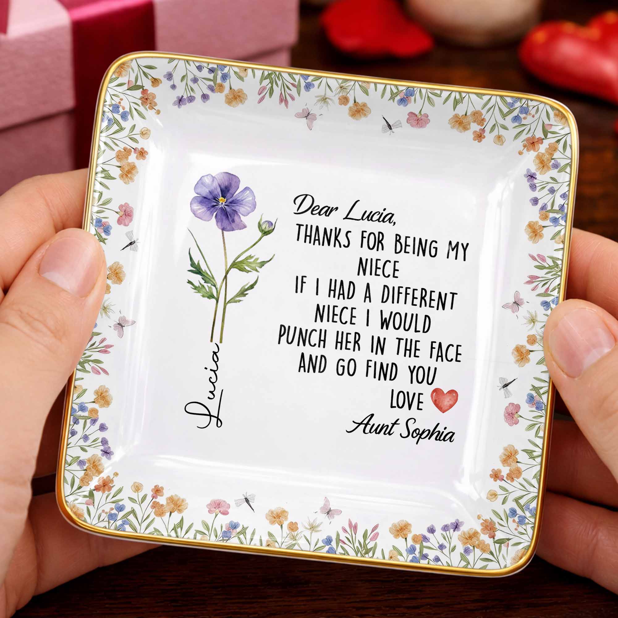 Thanks For Being My Niece Funny Message With Purple Flower - Personalized Custom Jewelry Dish, Ceramic Dish, Square Shape - NCE043_SCRF