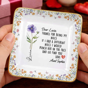 Thanks For Being My Niece Funny Message With Purple Flower - Personalized Custom Jewelry Dish, Ceramic Dish, Square Shape - NCE043_SCRF