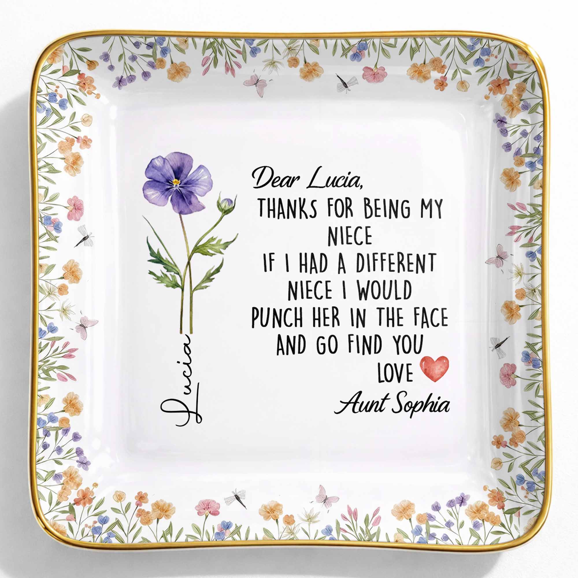Thanks For Being My Niece Funny Message With Purple Flower - Personalized Custom Jewelry Dish, Ceramic Dish, Square Shape - NCE043_SCRF
