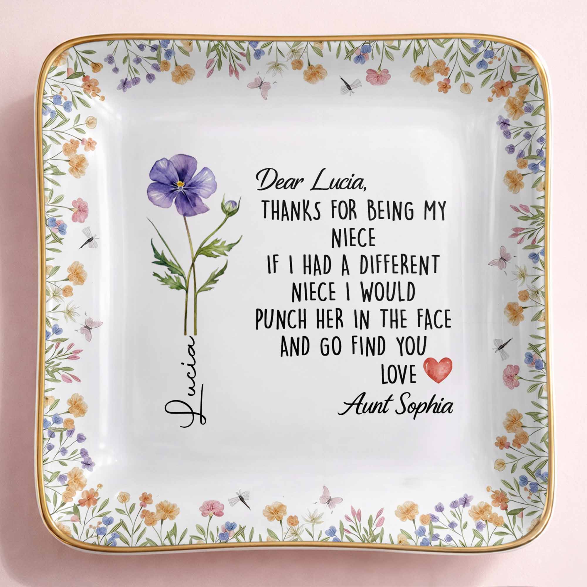 Thanks For Being My Niece Funny Message With Purple Flower - Personalized Custom Jewelry Dish, Ceramic Dish, Square Shape - NCE043_SCRF